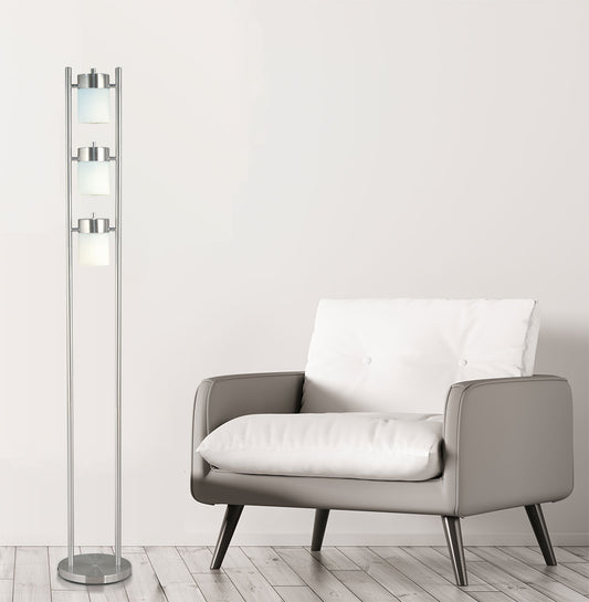 Modern brushed nickel floor lamp with three cylindrical frosted glass shades