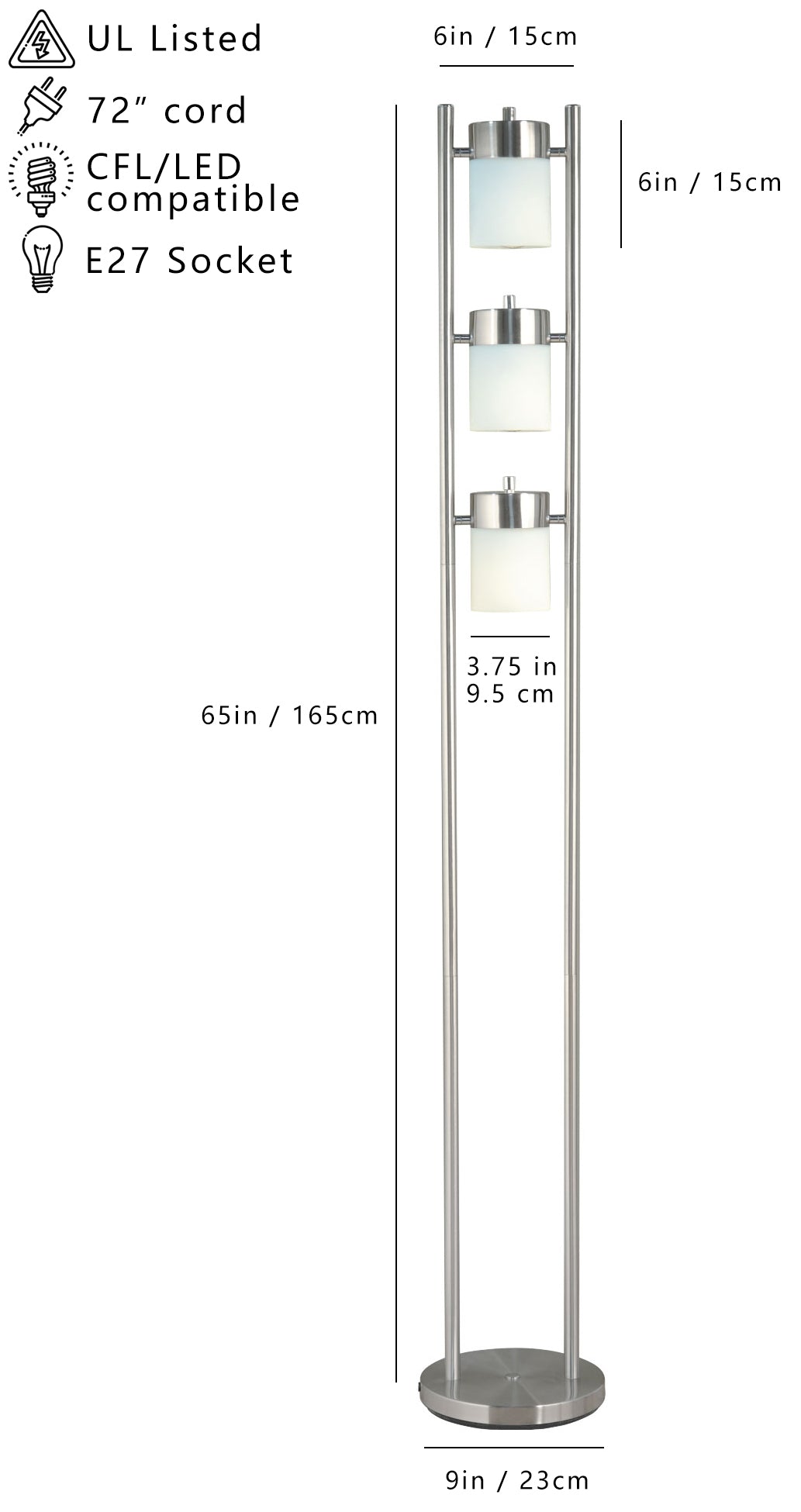 Modern brushed nickel floor lamp with three white glass shades and E socket