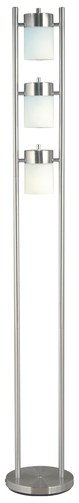 Modern brushed nickel floor lamp with three frosted glass shades