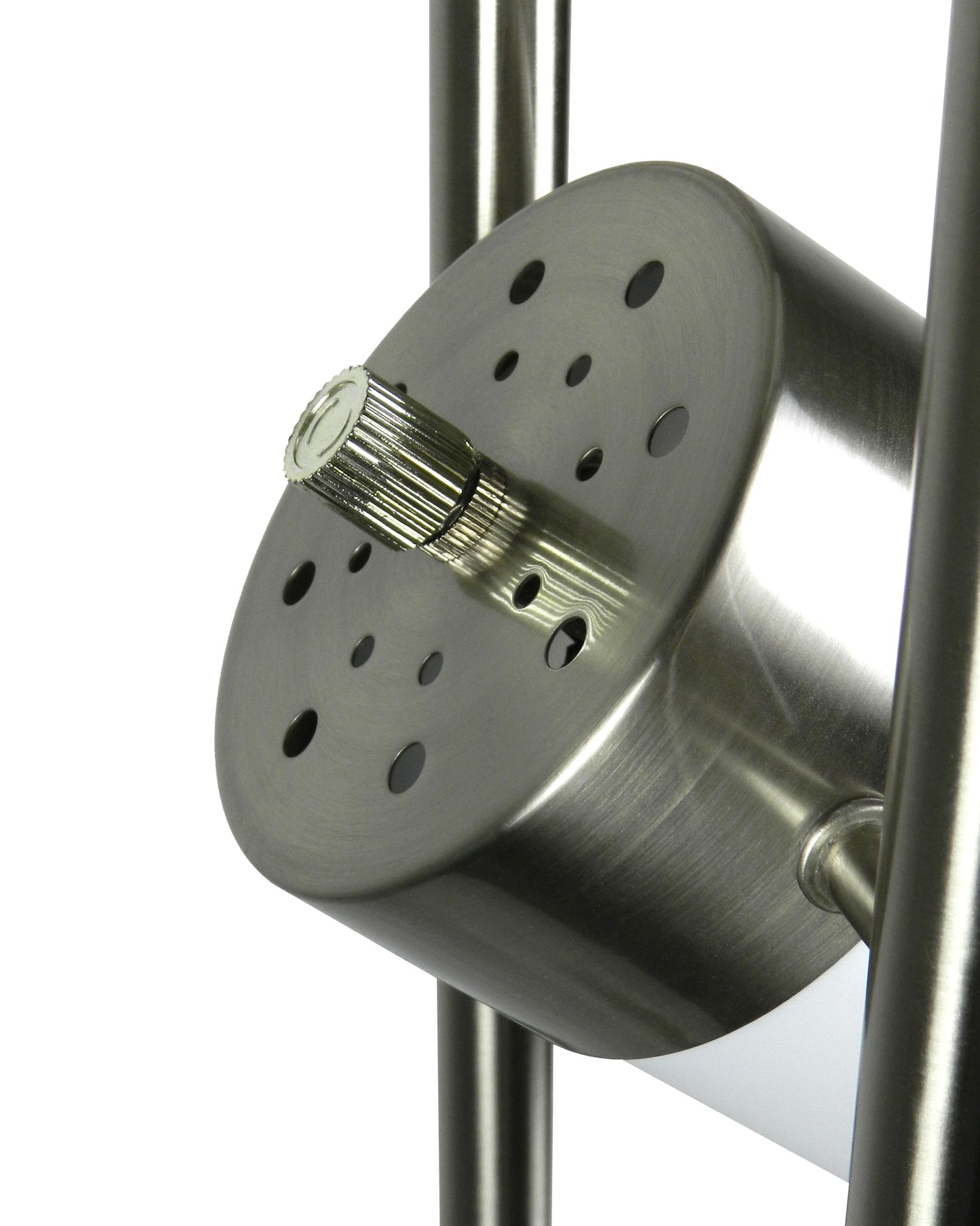 Closeup of brushed nickel spotlight head with vented casing and knurled adjustment knob