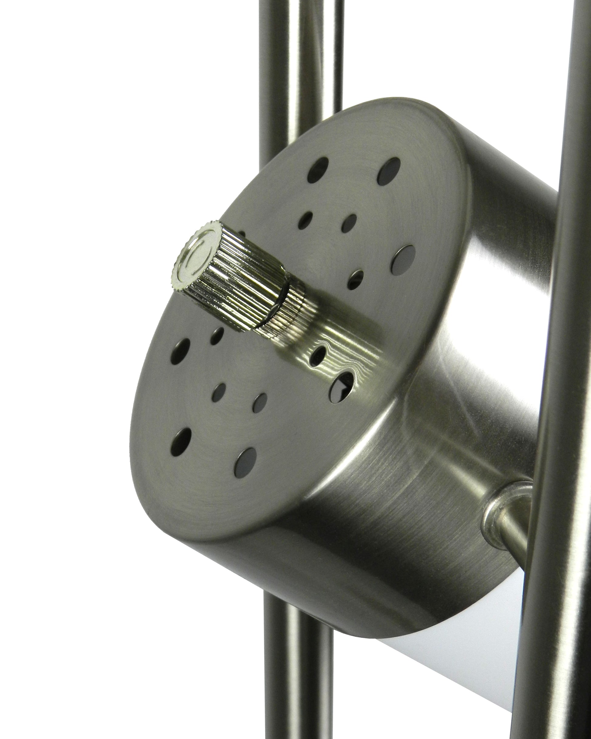 Closeup of brushed nickel spotlight head with vented casing and knurled adjustment knob