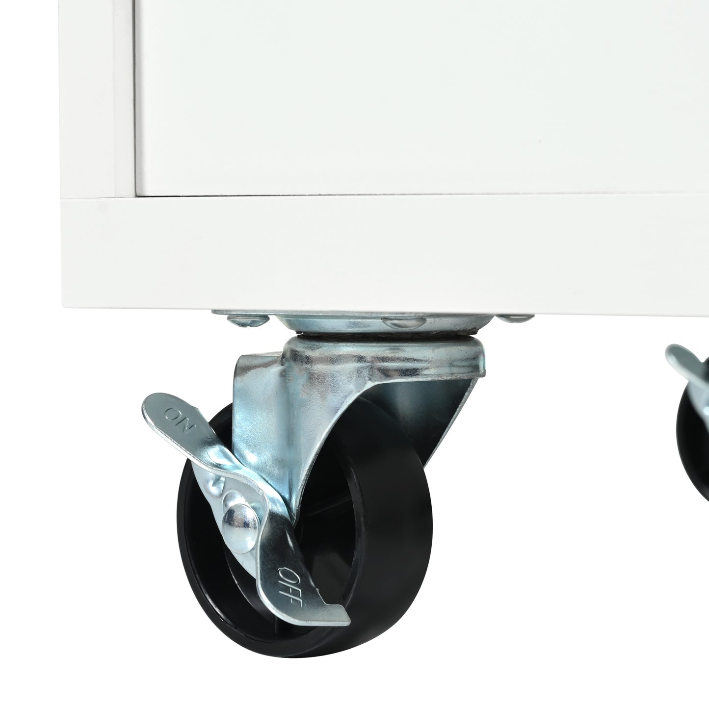 White rolling cabinet with locking swivel caster