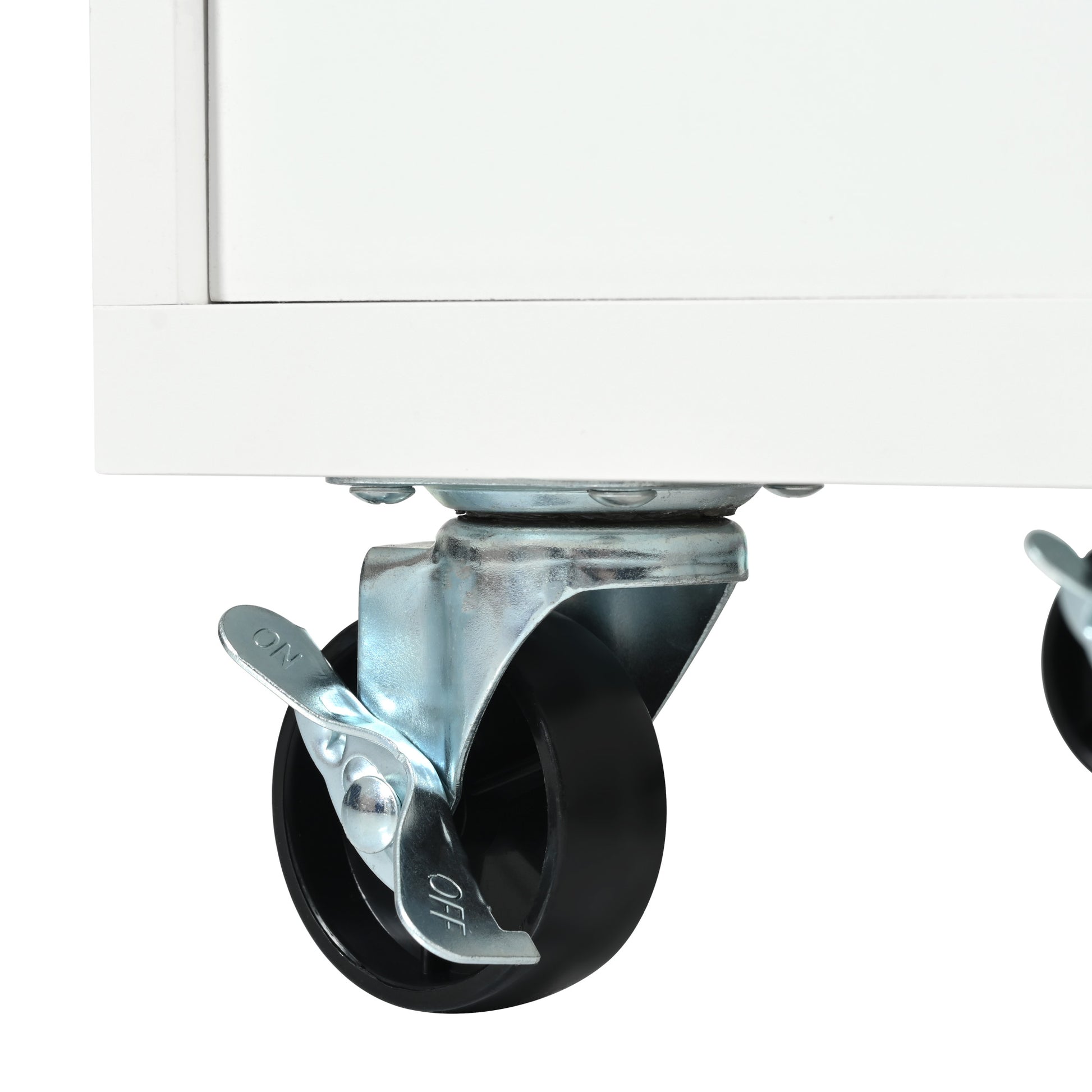 White rolling cabinet with locking swivel caster