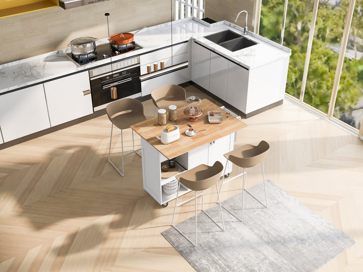 Modern white kitchen island with wood top and beige stools