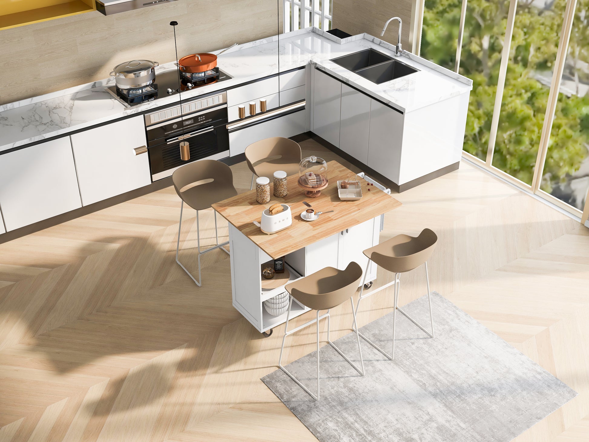 Modern white kitchen island with wood top and beige stools