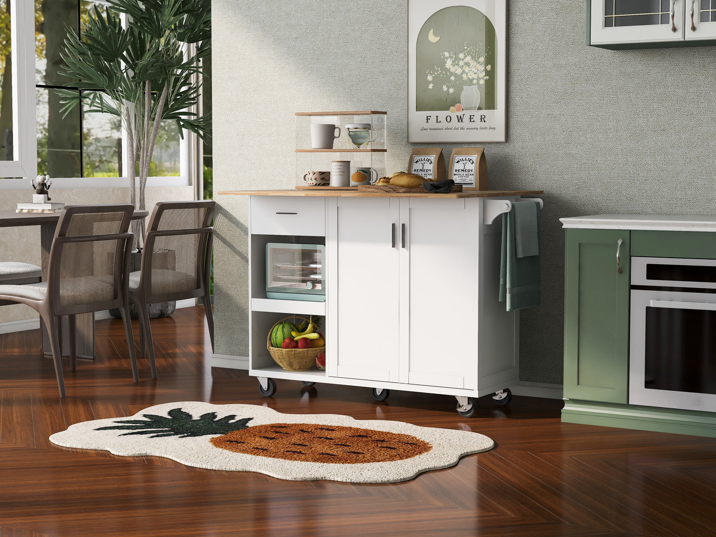 White kitchen island cart with wood countertop and drawers for storage