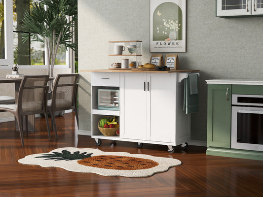 White kitchen island cart with wood countertop and drawers for storage