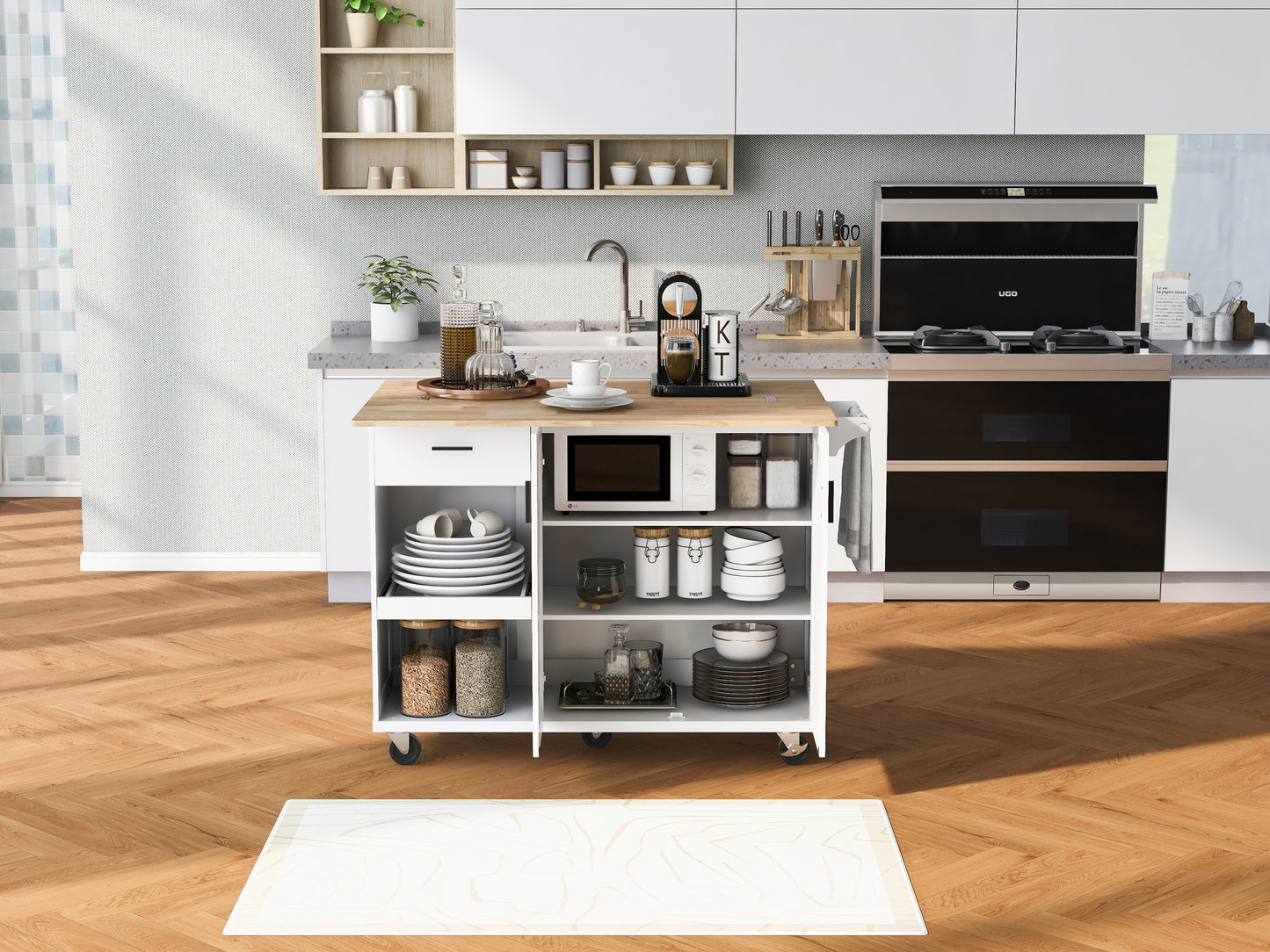 White kitchen island cart with microwave plates and canisters