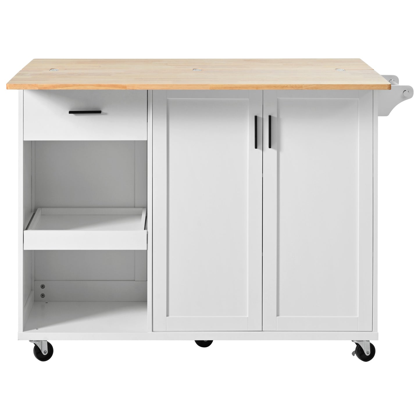White kitchen island cart with wooden top and two cabinet doors