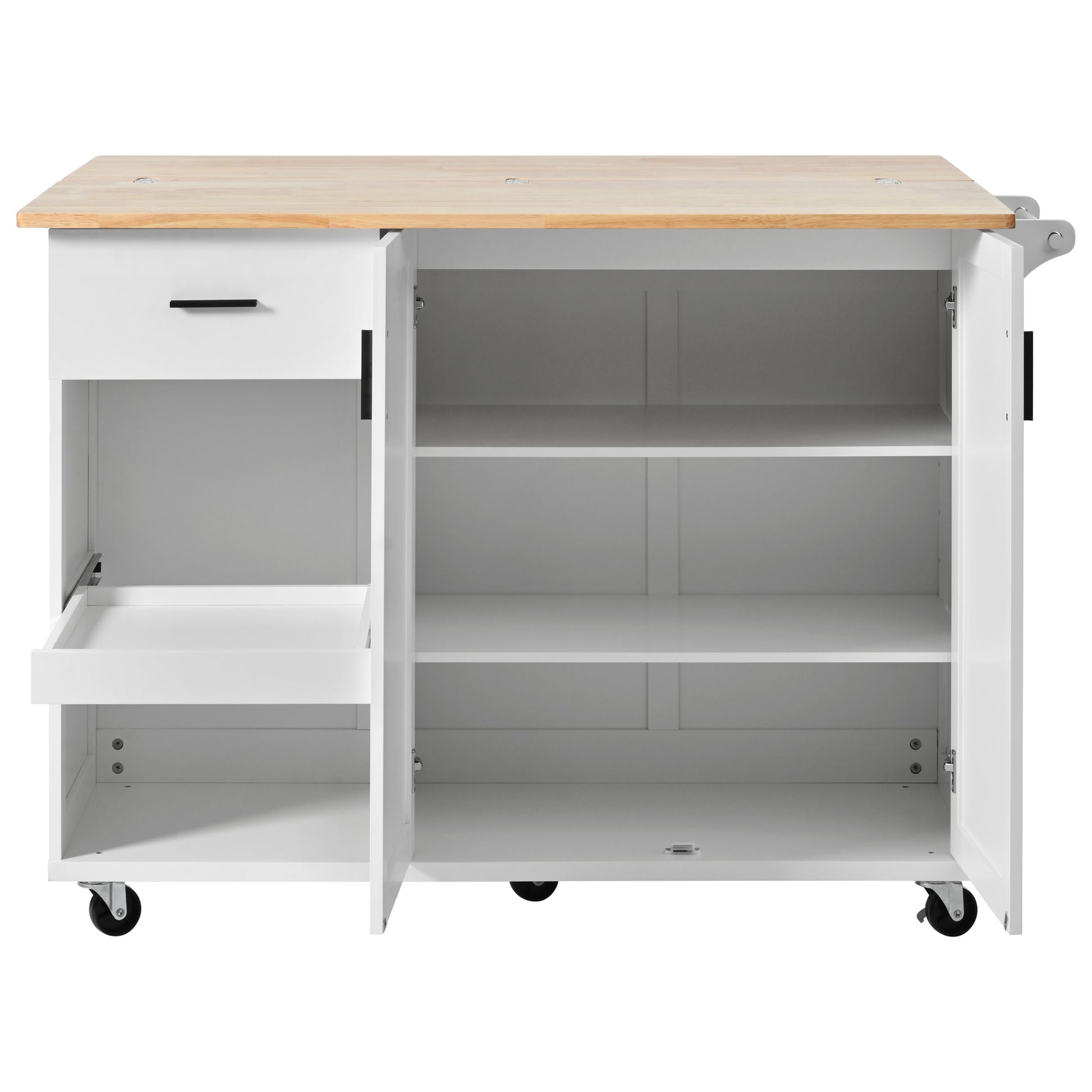 White kitchen cart with wooden top and open cabinets