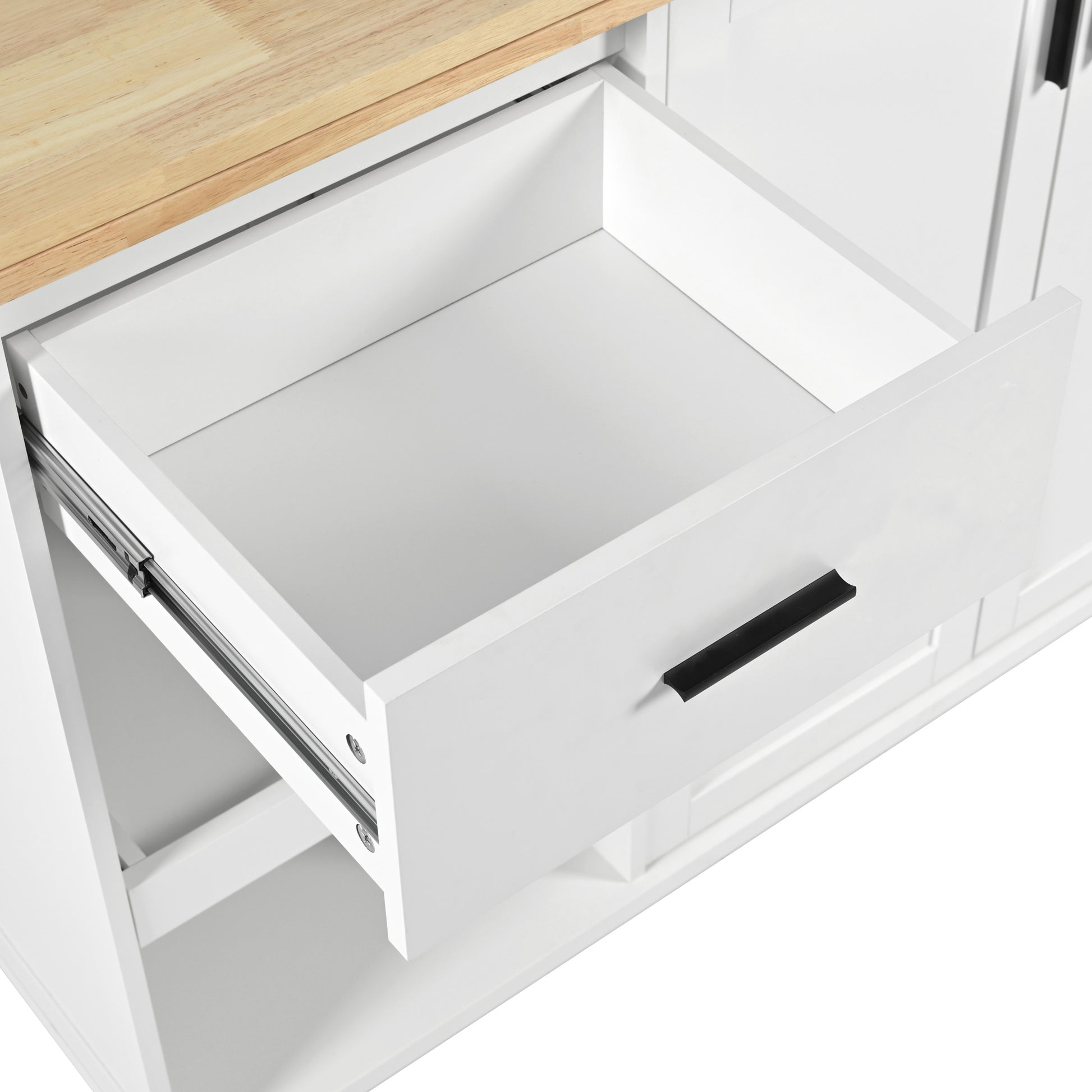 White kitchen island with light wood countertop