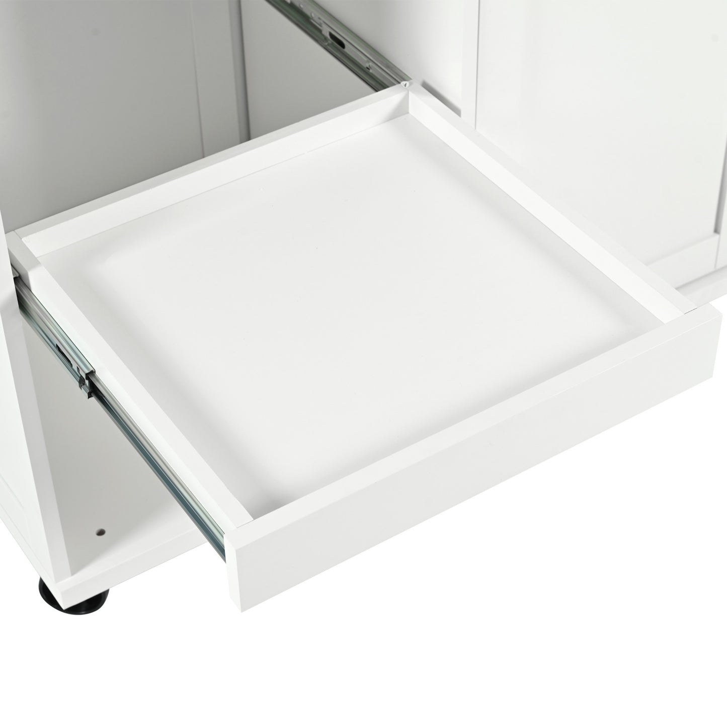 White kitchen cabinet with a pullout drawer and metal drawer slides