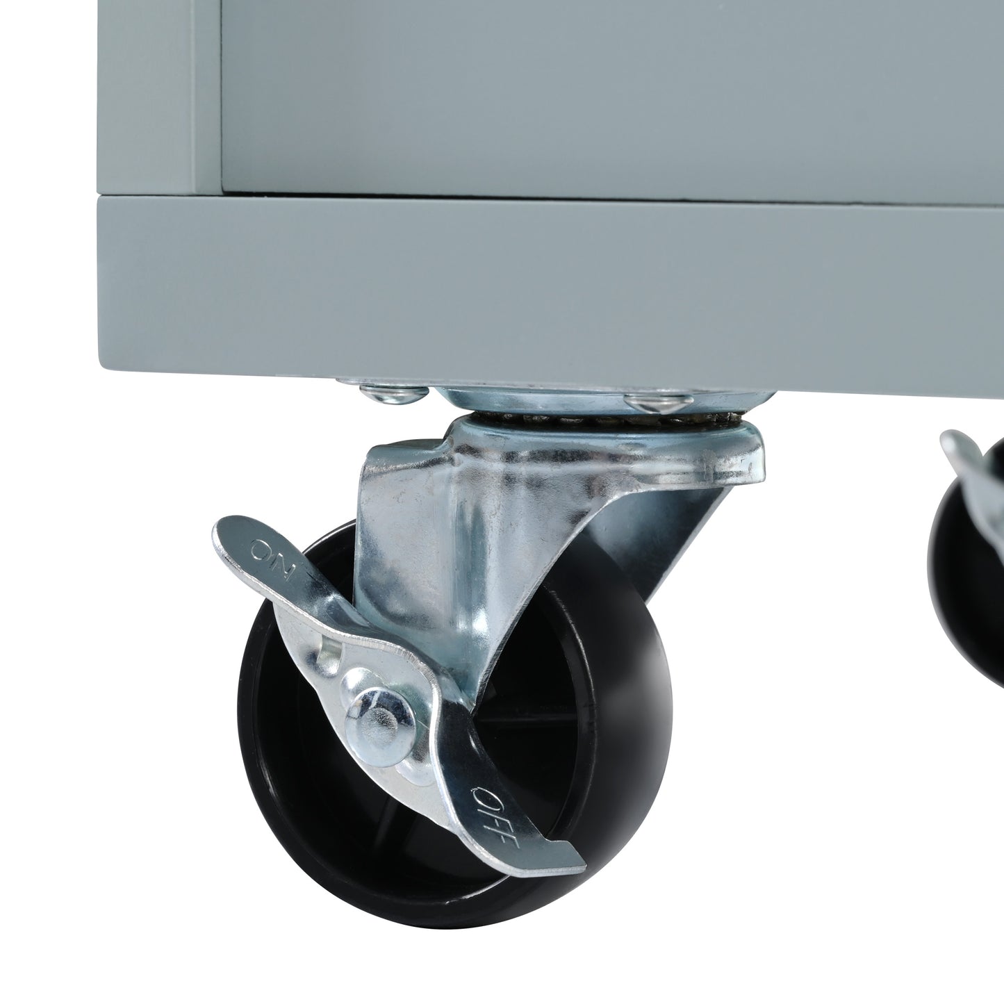 Gray metal rolling cart with black locking caster wheels