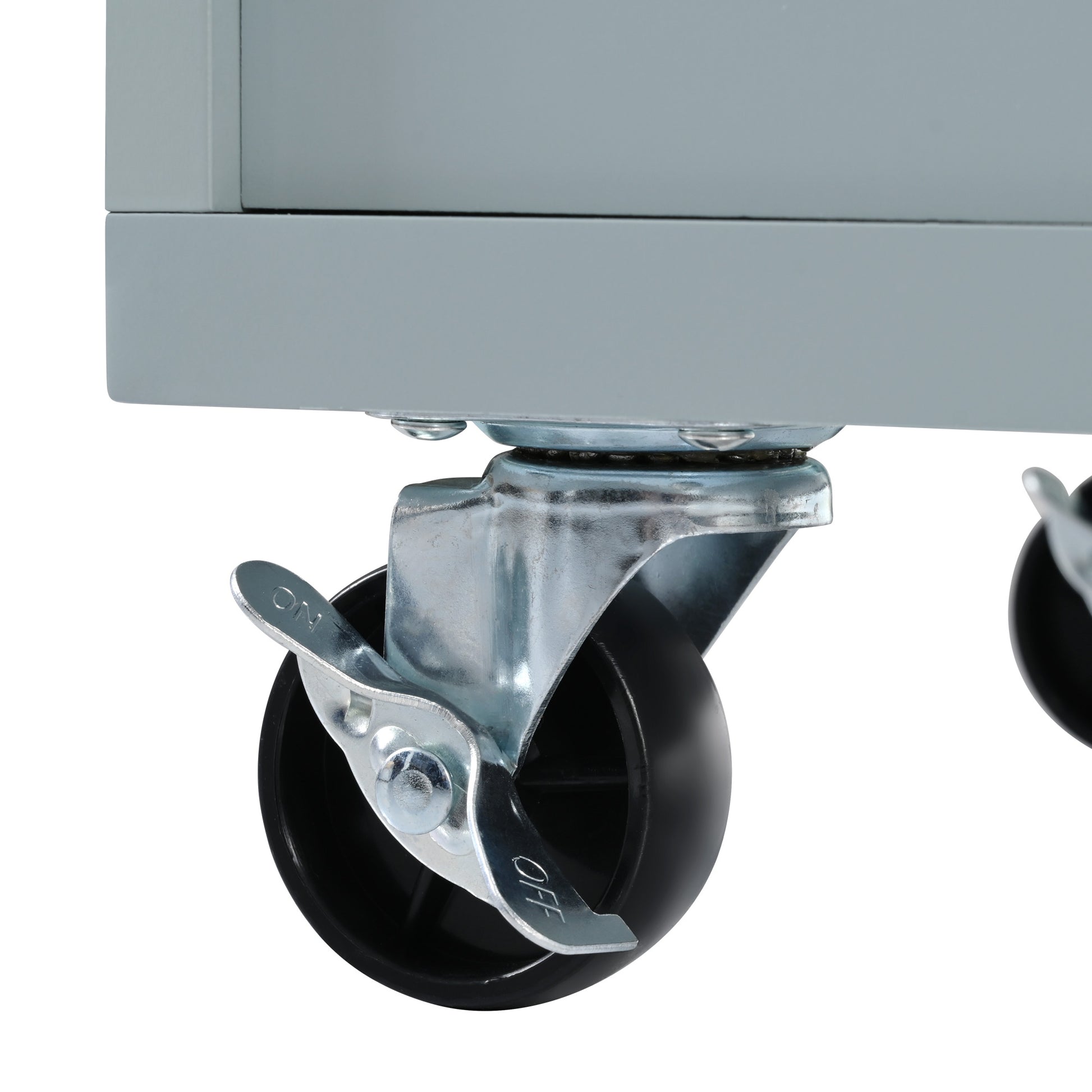 Gray metal rolling cart with black locking caster wheels