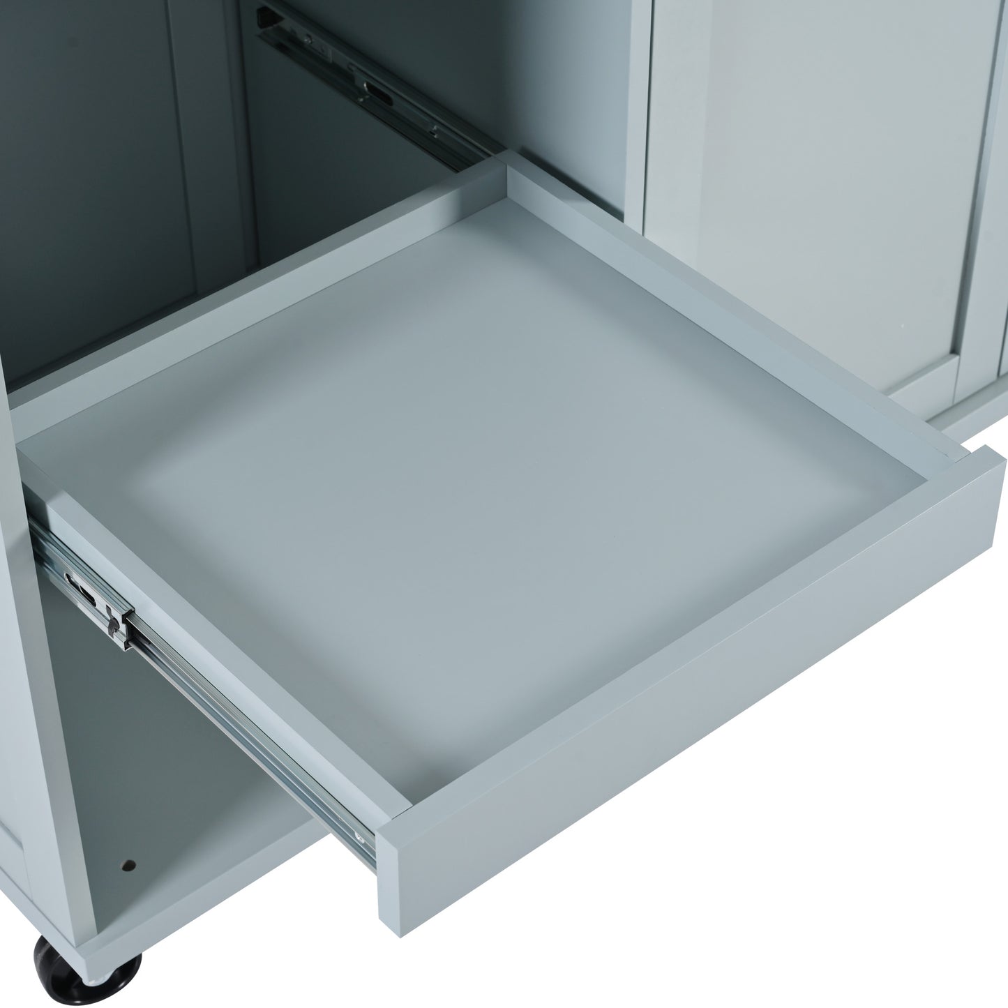 Gray kitchen island cart with open pullout drawer and metal drawer glides