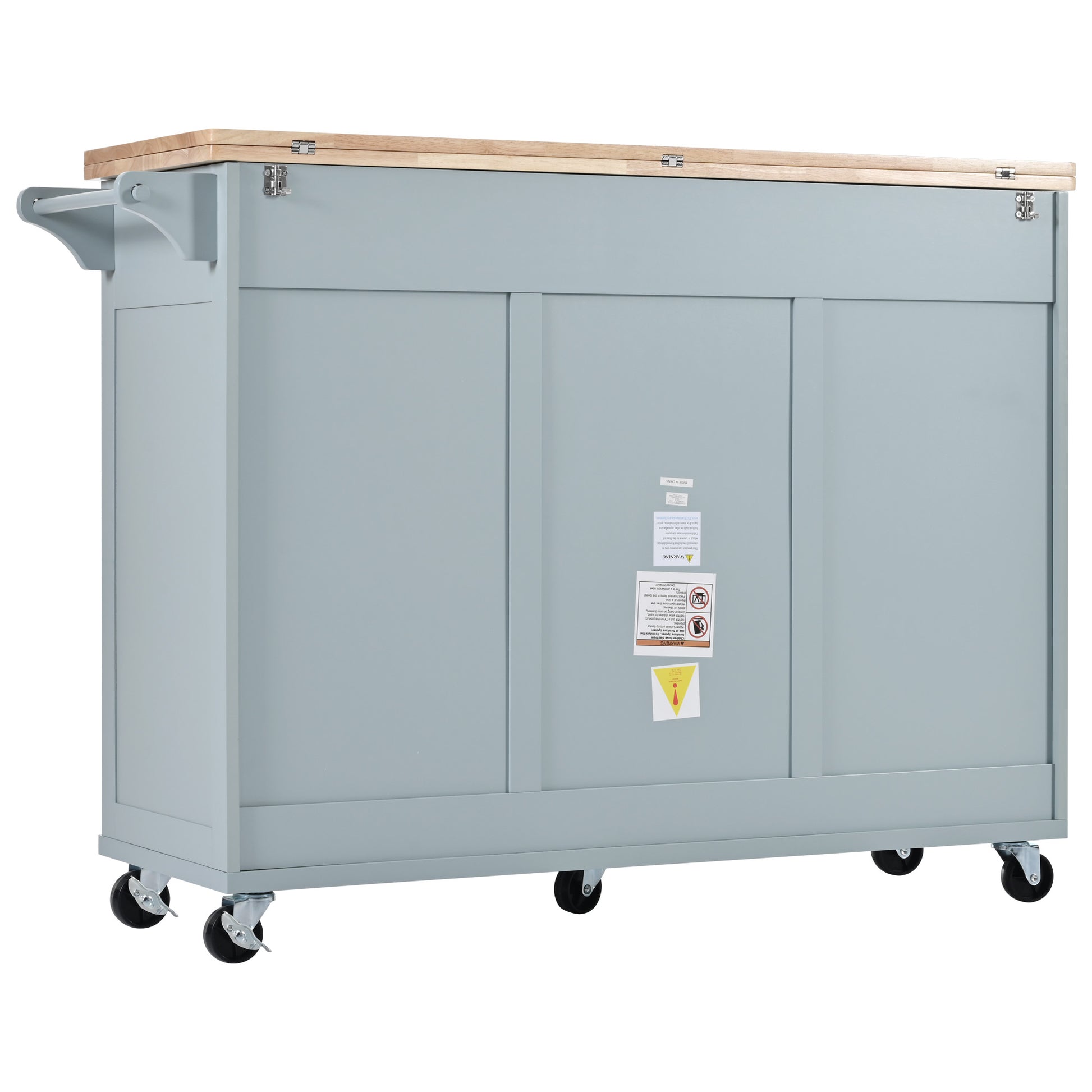 Gray kitchen island with wooden drop leaf countertop and locking wheels