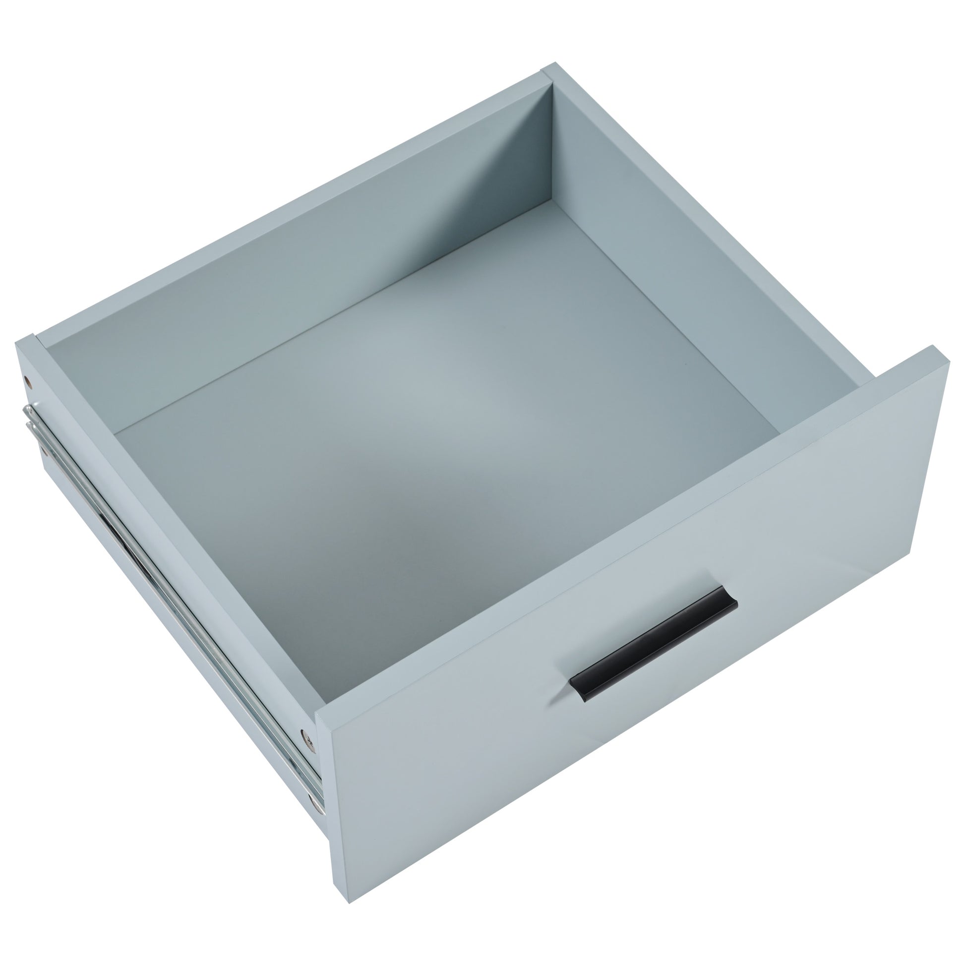 Light blue wooden drawer with black pull handle
