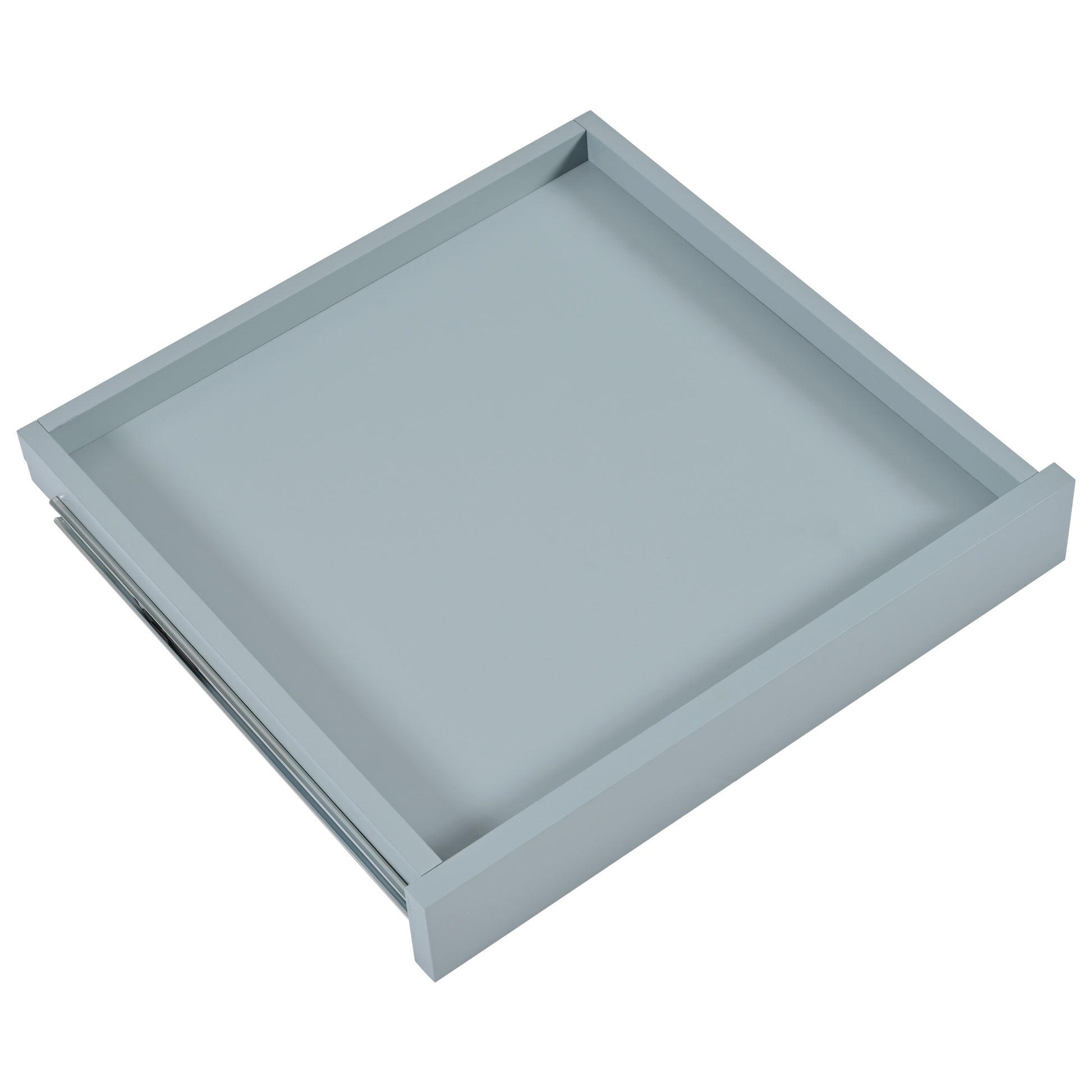 Light gray wooden drawer with silver metal runners