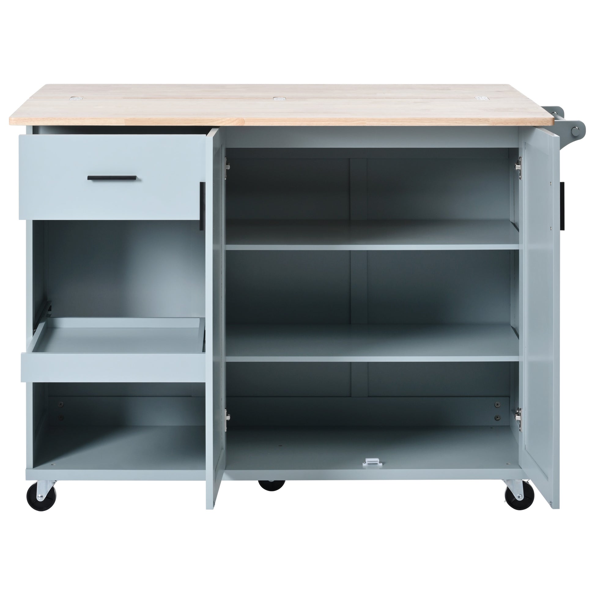 Light blue kitchen island cart with butcher block top and open shelves
