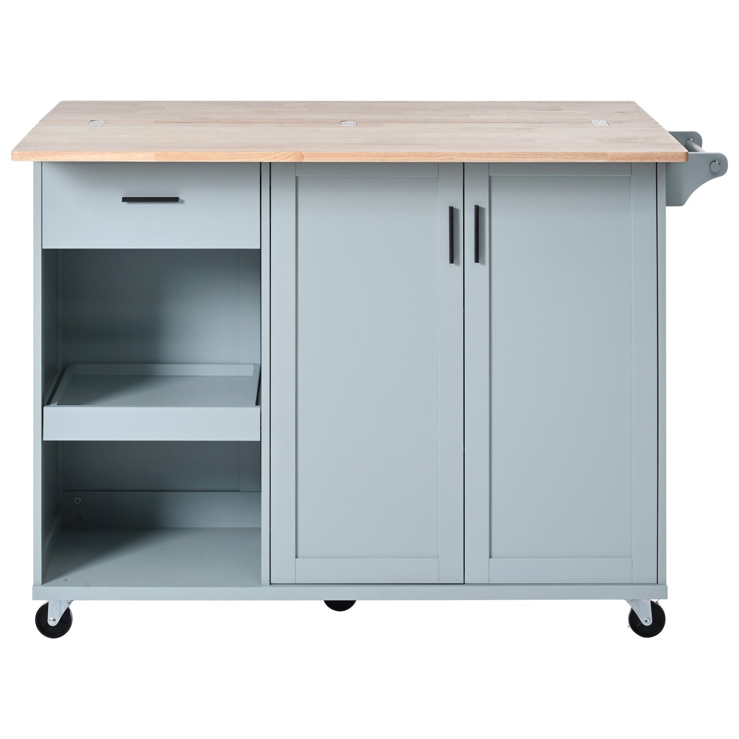 Light blue kitchen island with butcher block top and wheels