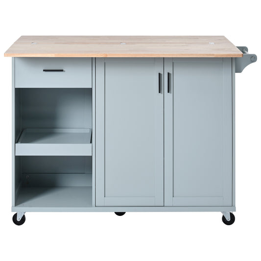 Light blue kitchen island with butcher block top and wheels