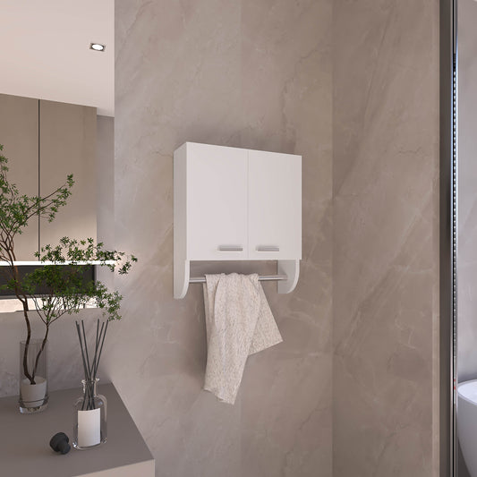 Modern white wallmounted bathroom cabinet with chrome towel bar