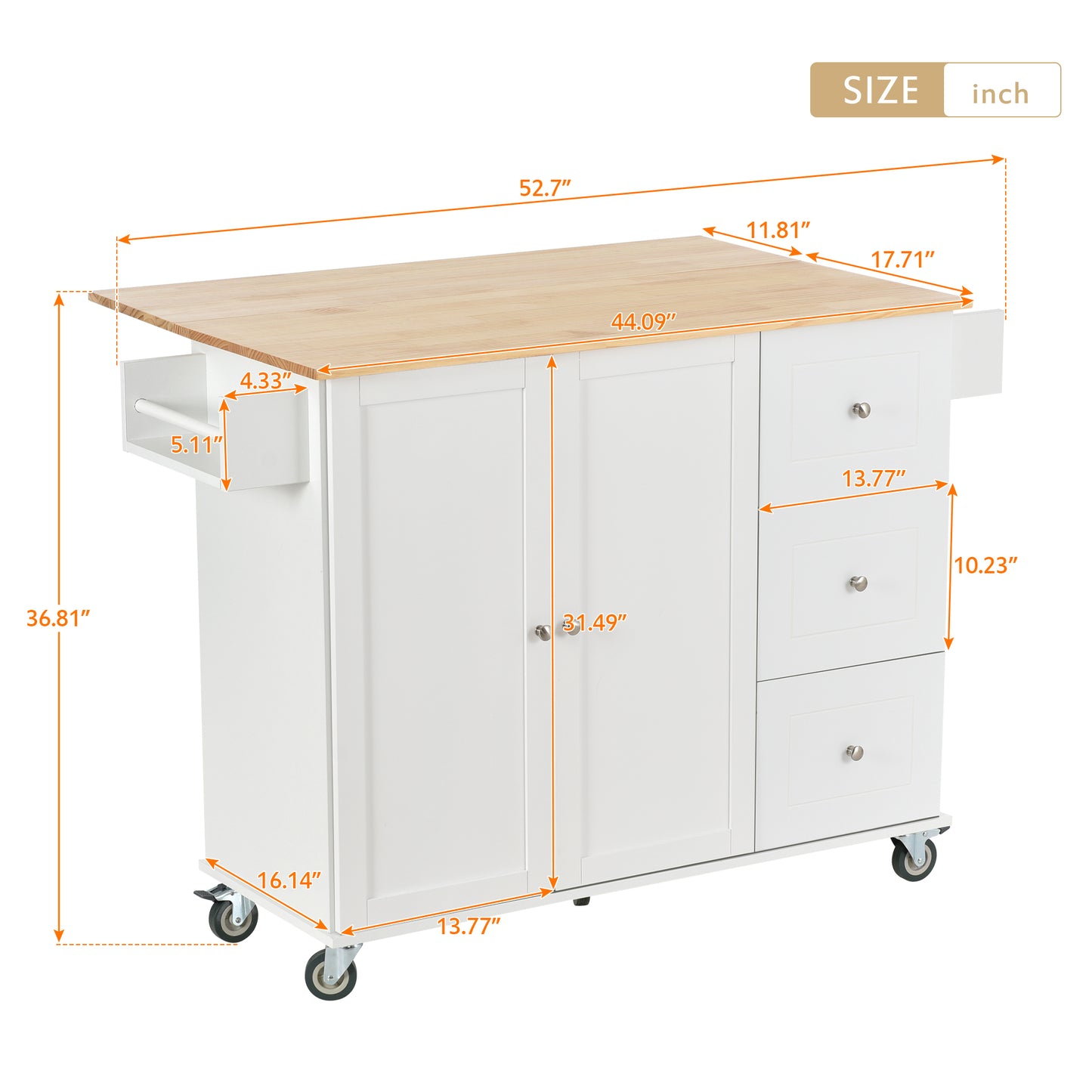 White kitchen island cart with bamboo top and casters