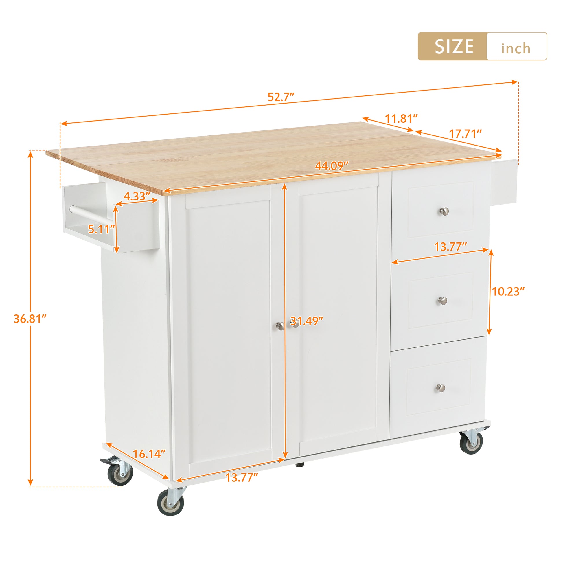 White kitchen island cart with bamboo top and casters