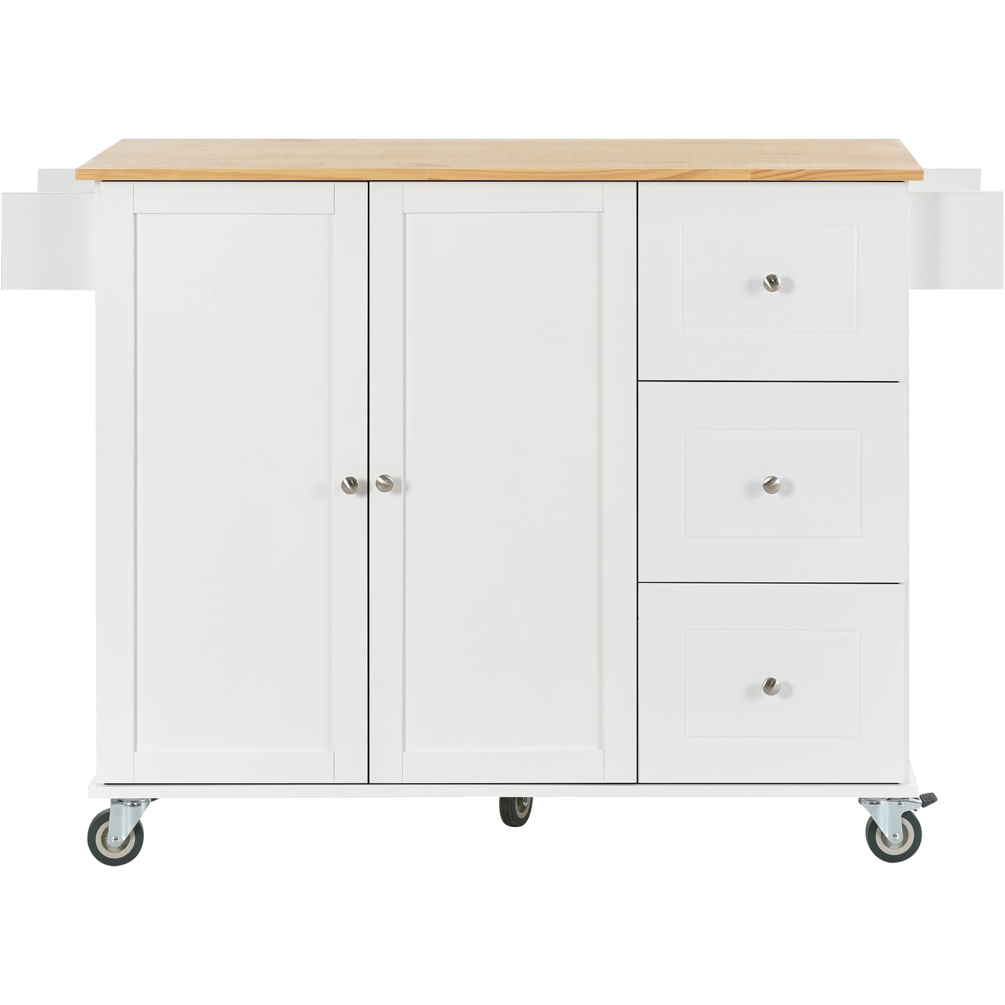 White kitchen island cart with natural wood top two doors and three drawers on casters