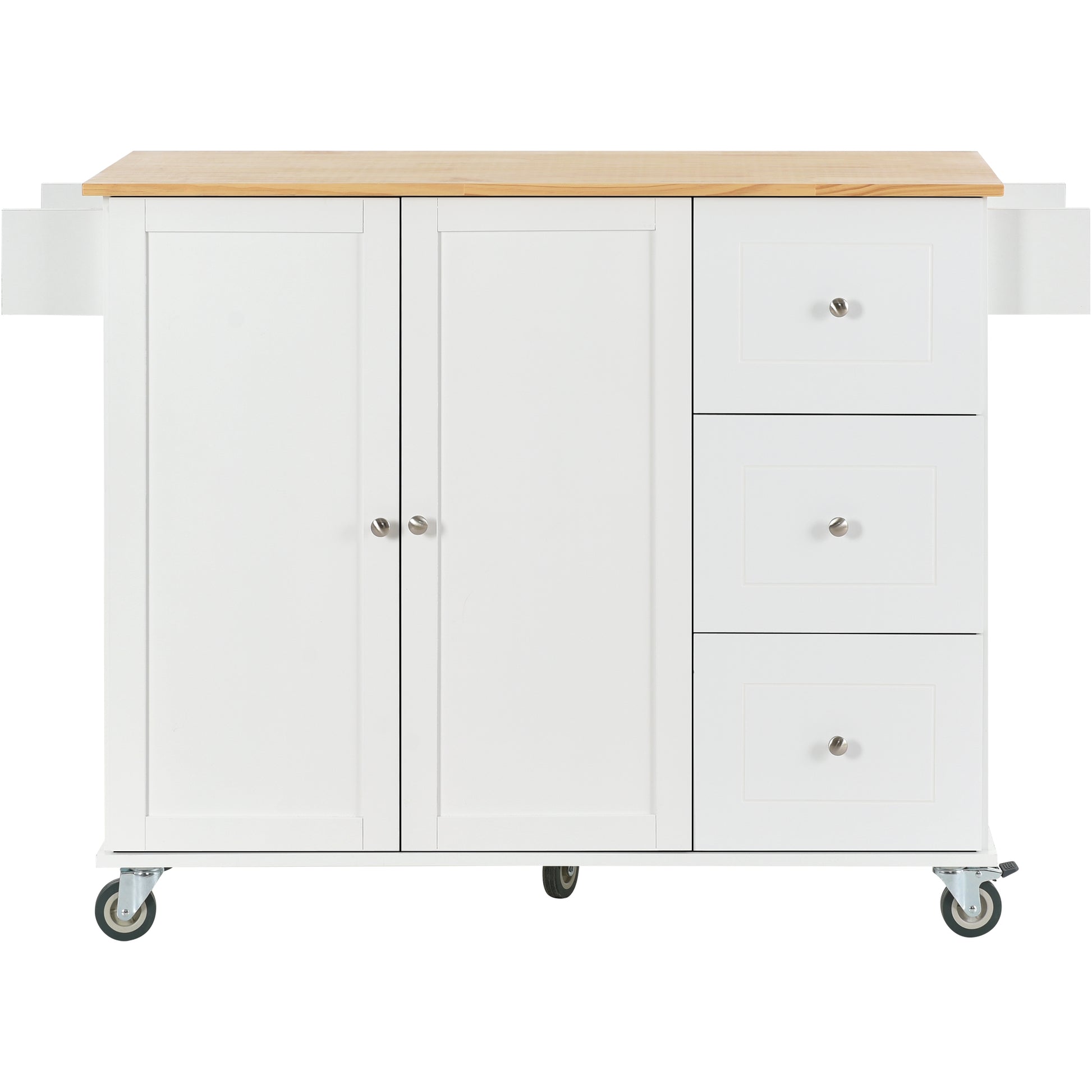 White kitchen island cart with natural wood top two doors and three drawers on casters