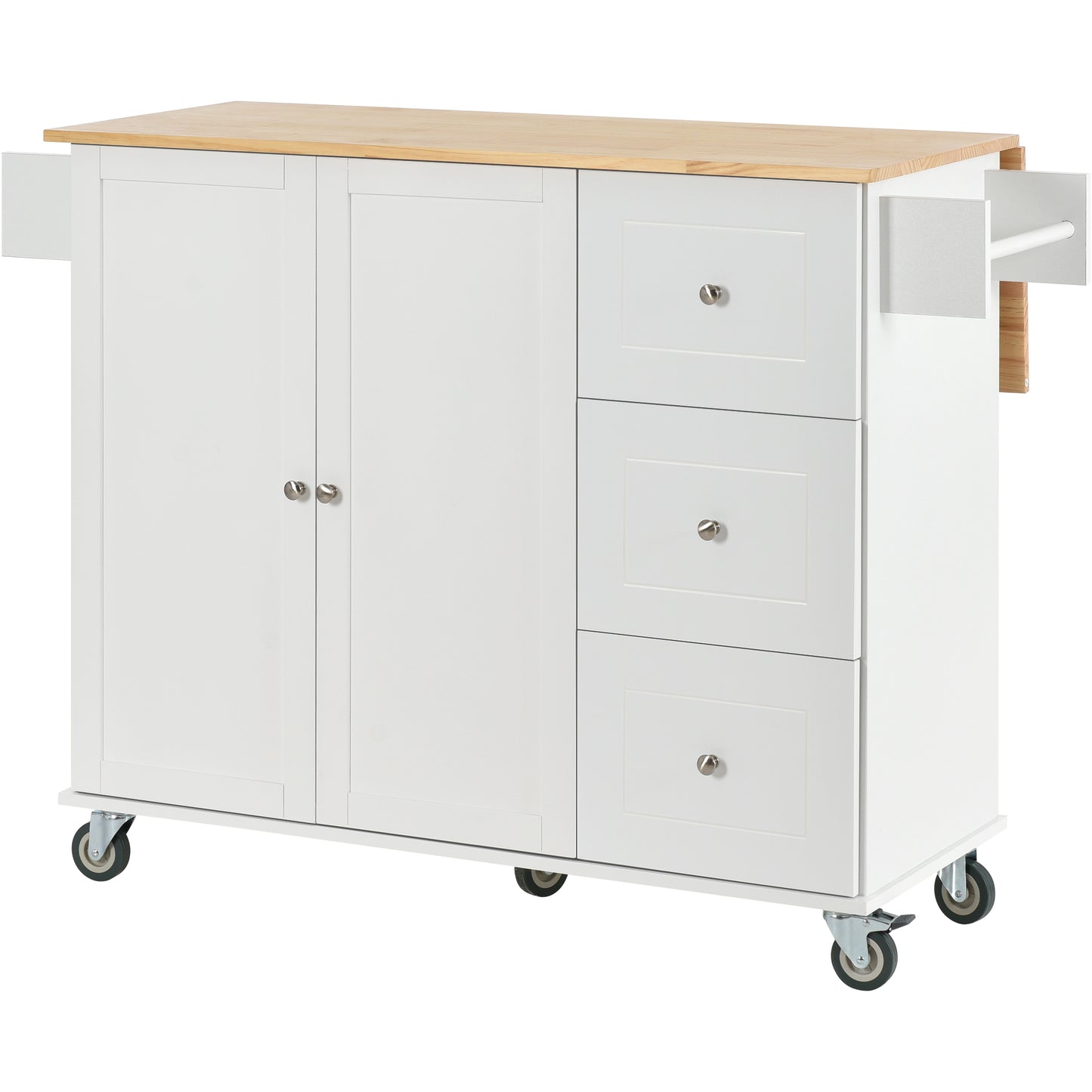 White kitchen island with oak countertop and three drawers
