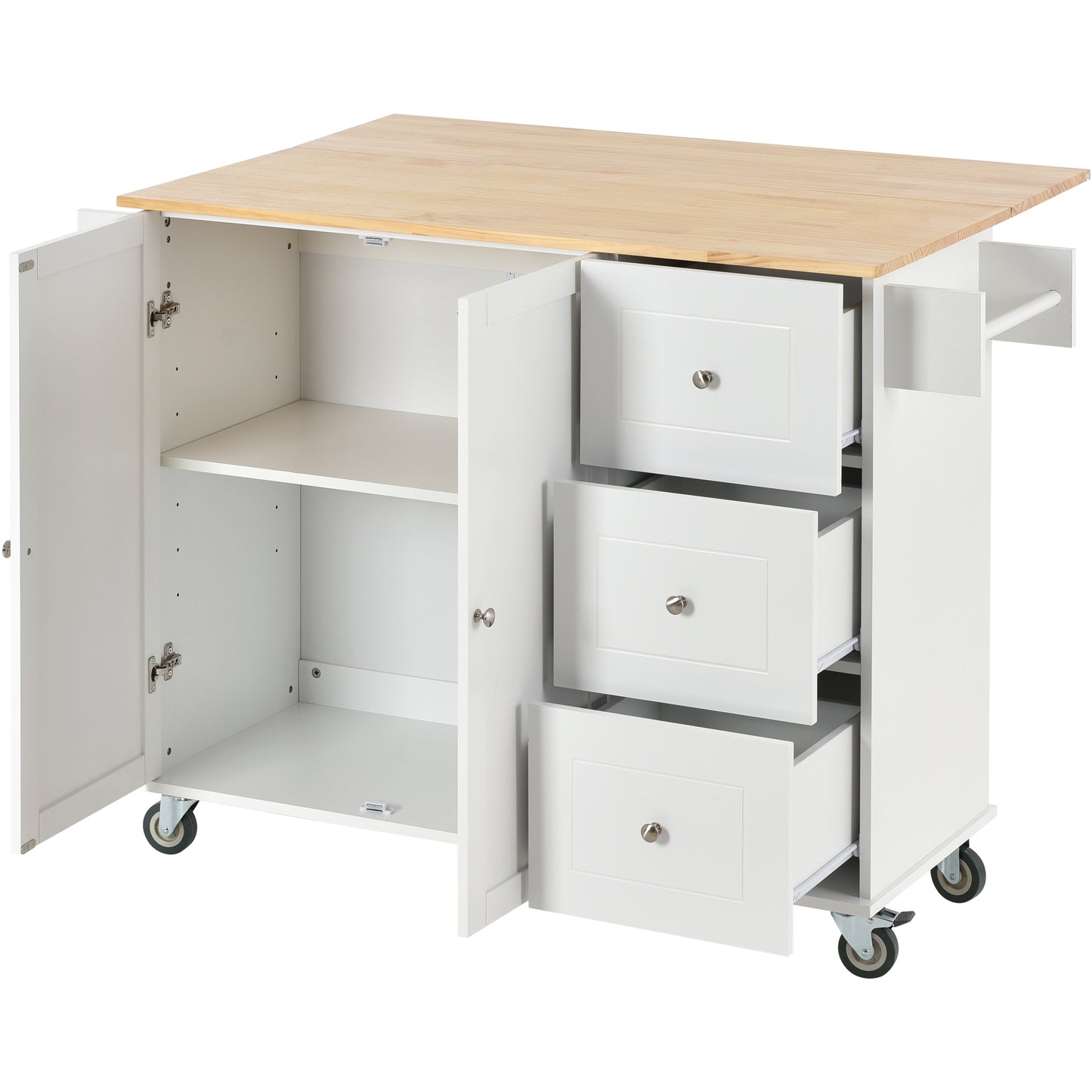 White kitchen island cart with natural wood top and three drawers