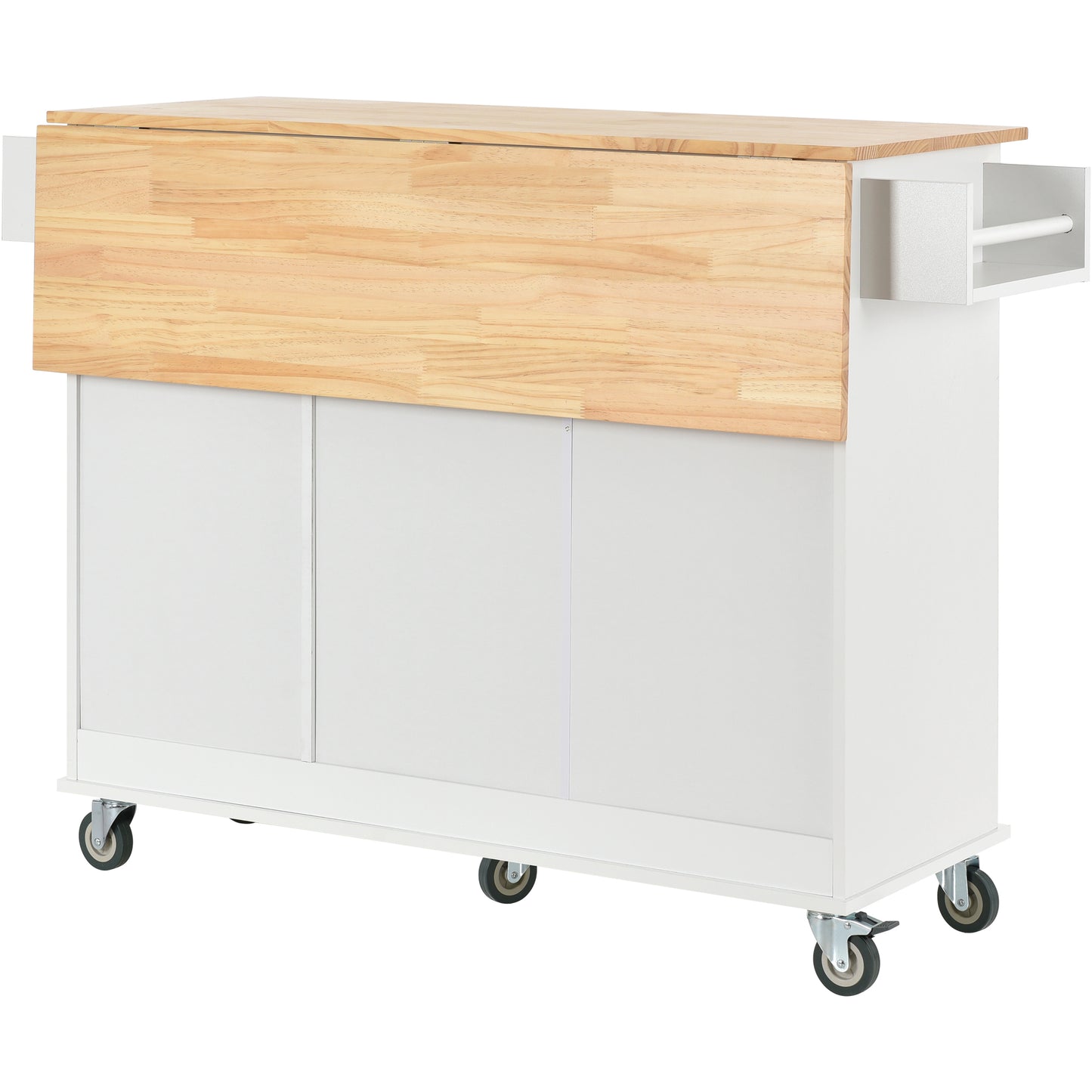 White kitchen island cart with butcher block top and rolling casters
