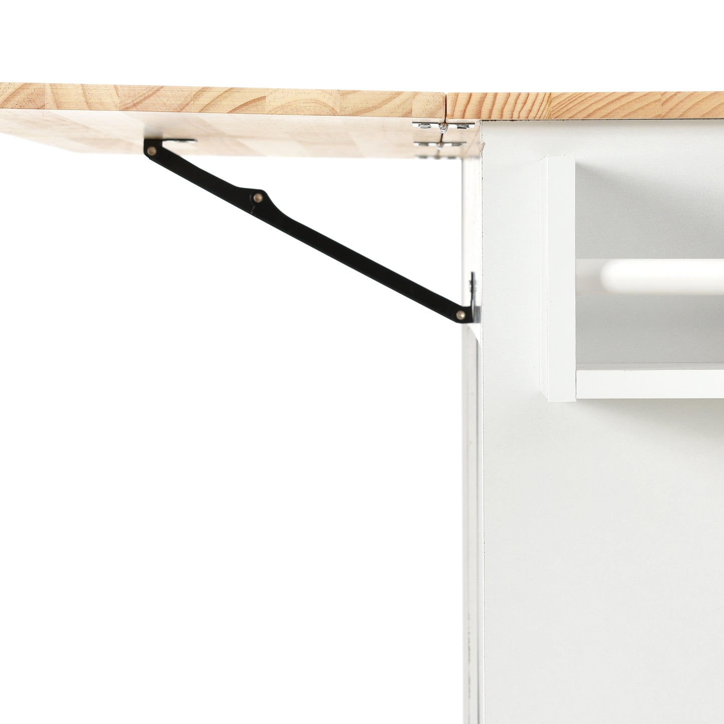 Foldable table with natural wood top and white base support