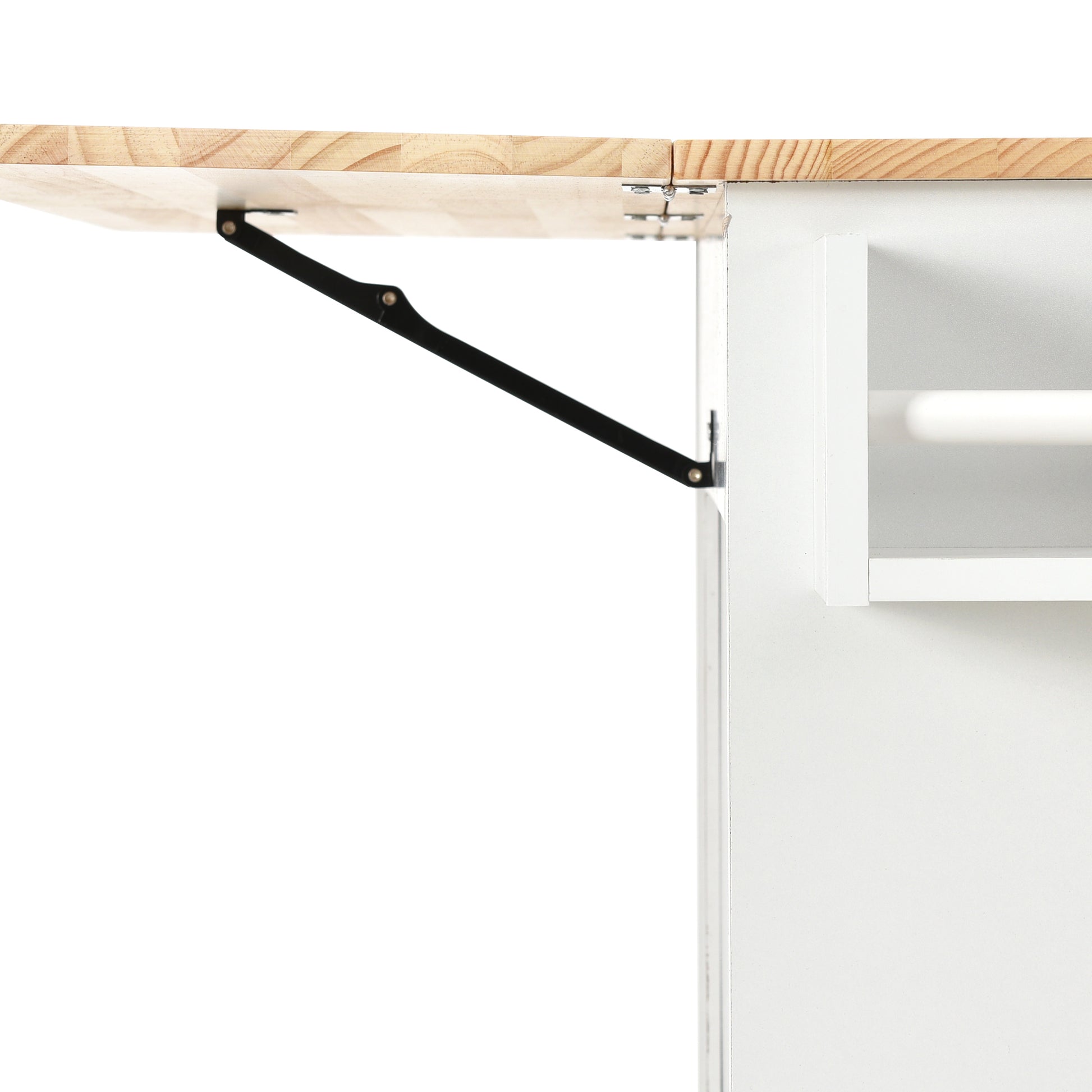 Foldable table with natural wood top and white base support