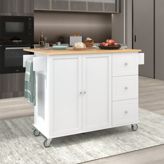White kitchen island cart with natural wood top casters and storage drawers