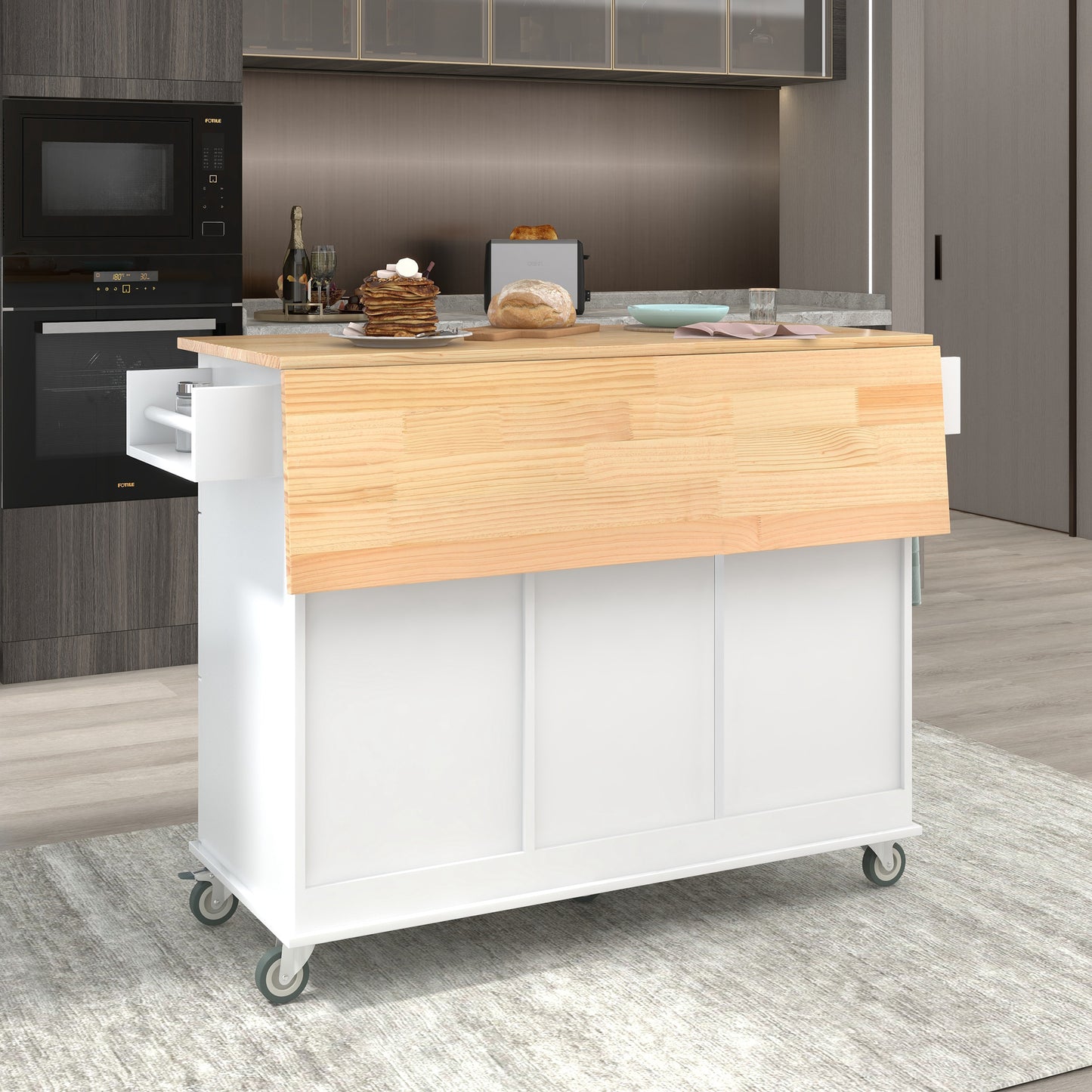 White kitchen island cart with dropleaf countertop and wheels