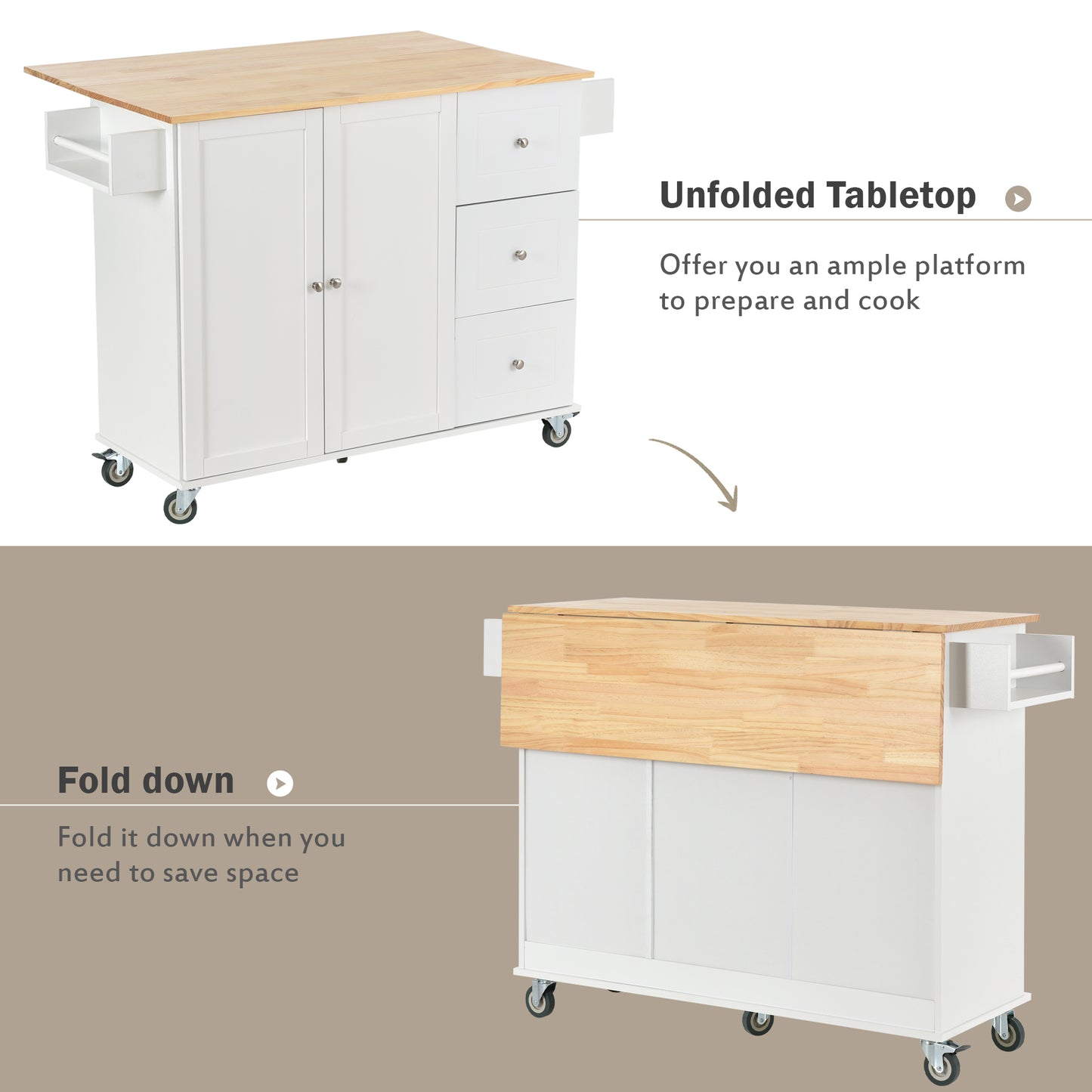 White kitchen island with butcher block top and open side shelf