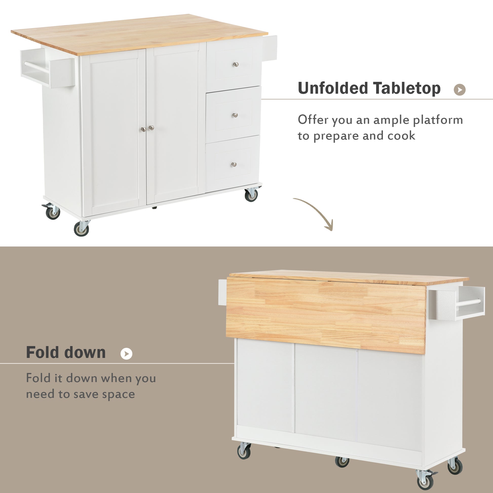 White kitchen island with butcher block top and open side shelf