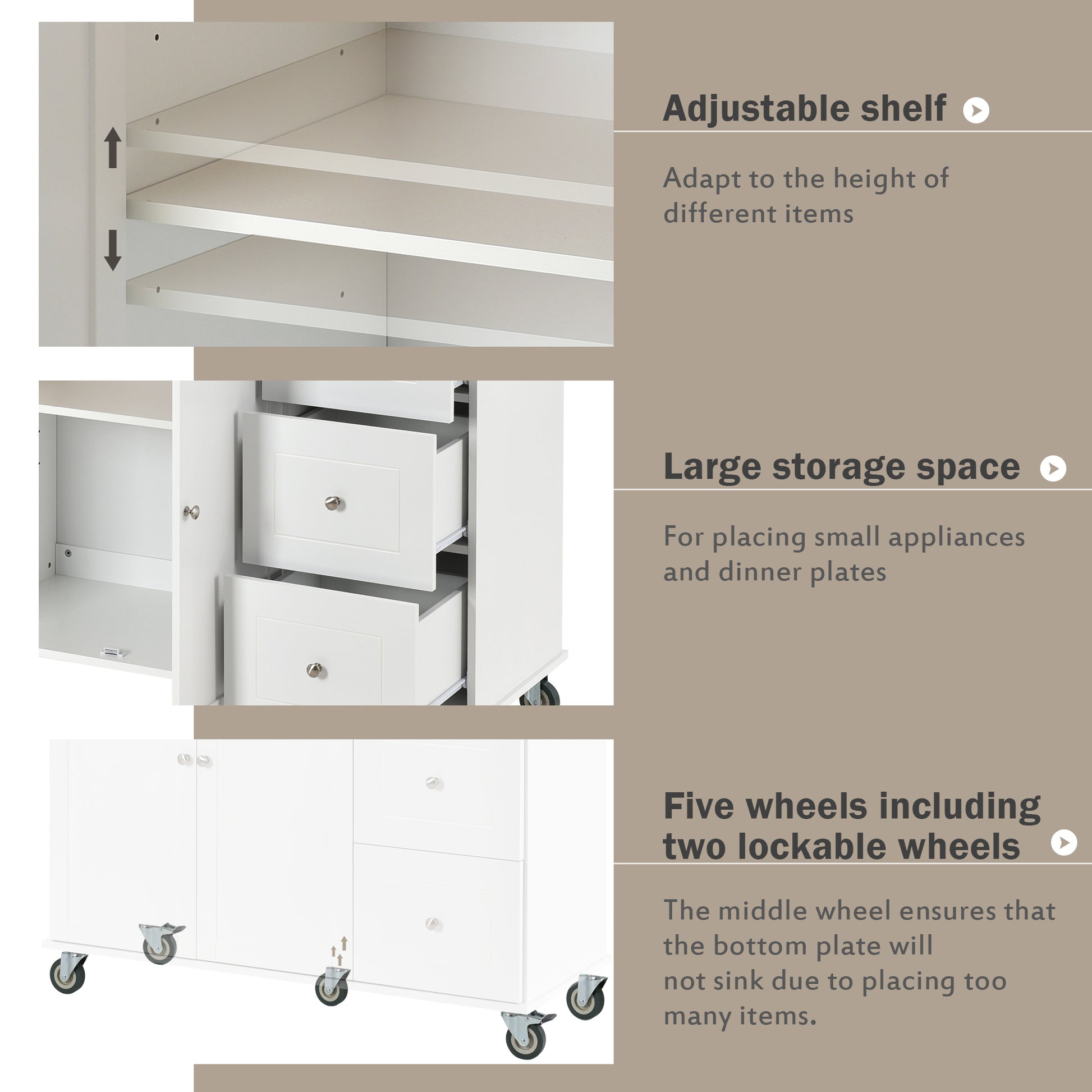 White kitchen cart with adjustable shelves