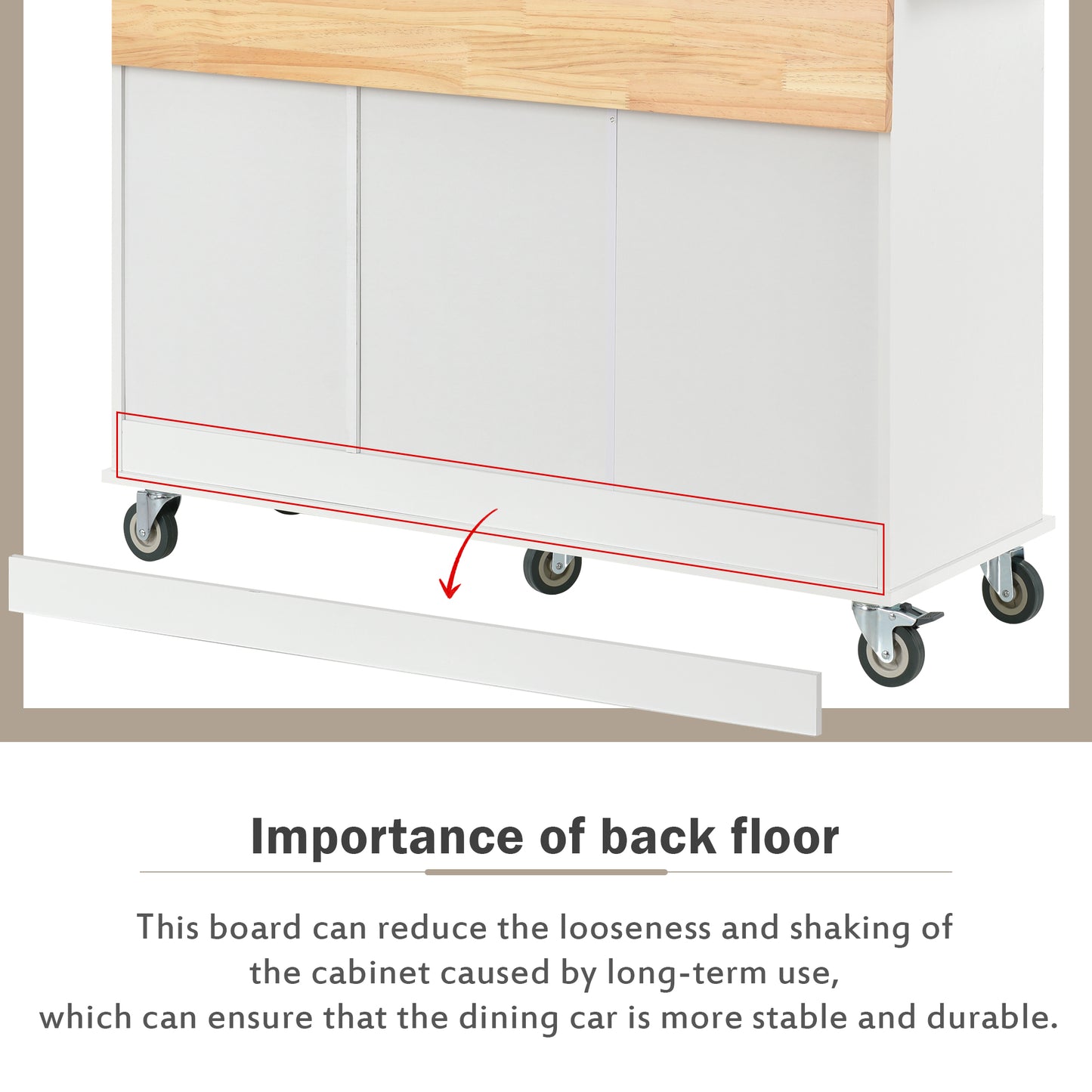 White cabinet kick plate detail with caster wheels