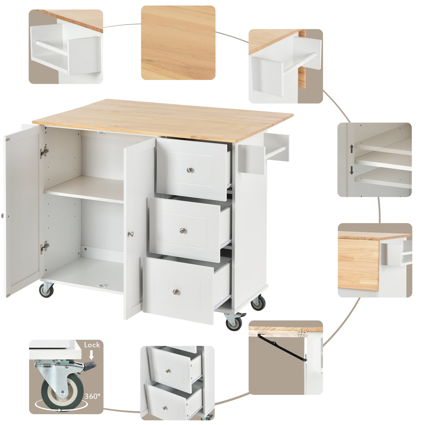 White kitchen island cart with wooden top and three drawers