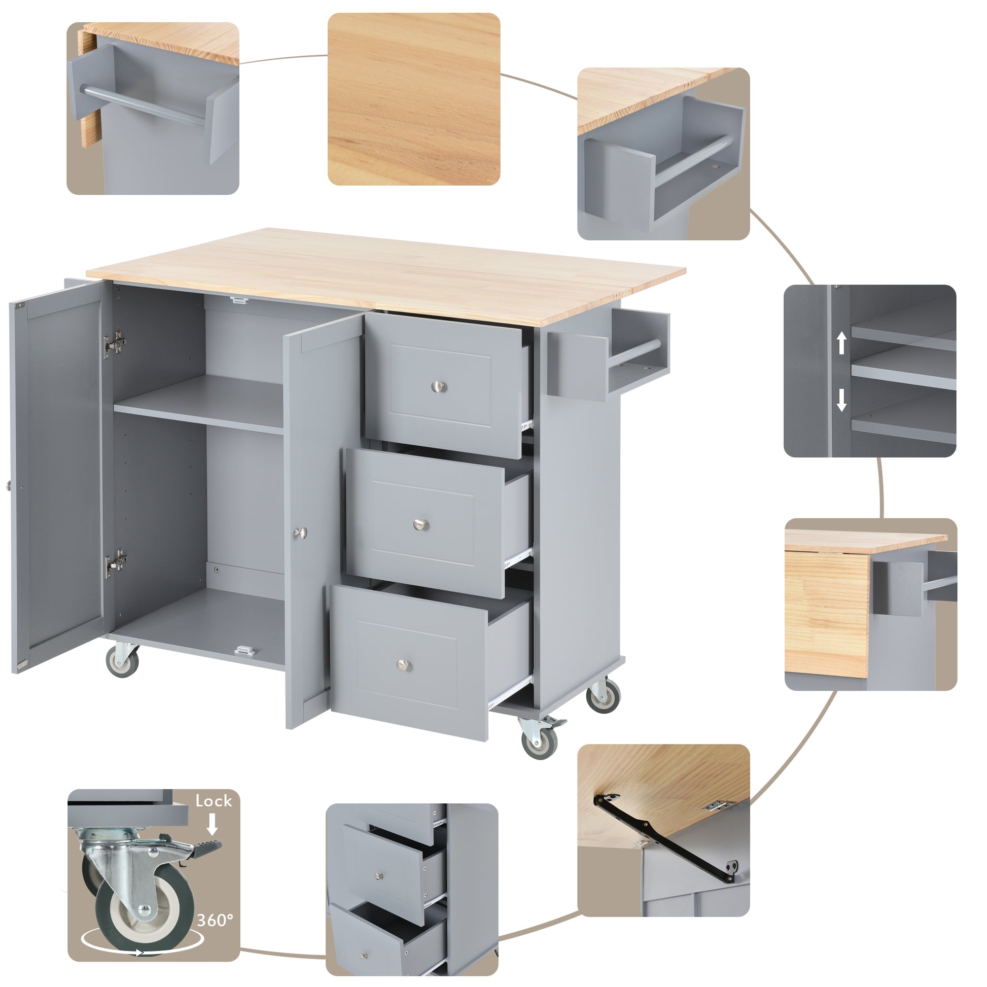 Gray kitchen cart with wooden top and multiple drawers