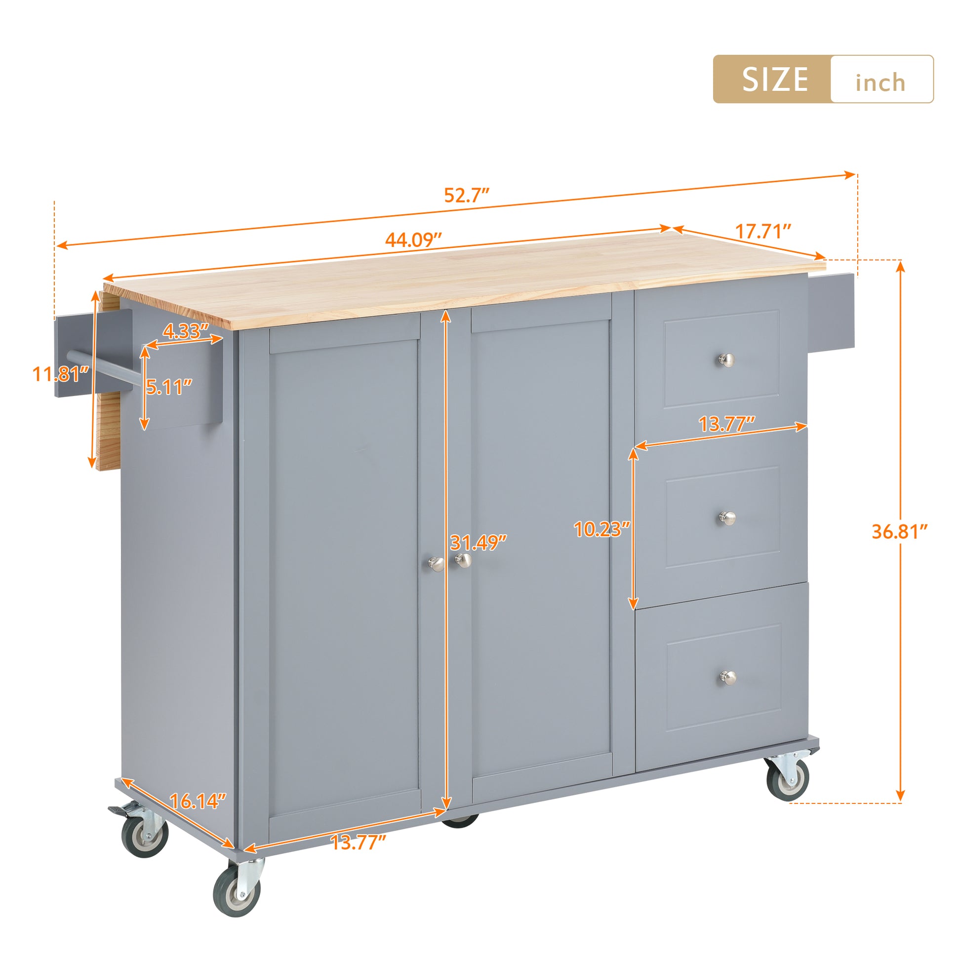 Gray kitchen island cart with wood countertop and drop leaf extension