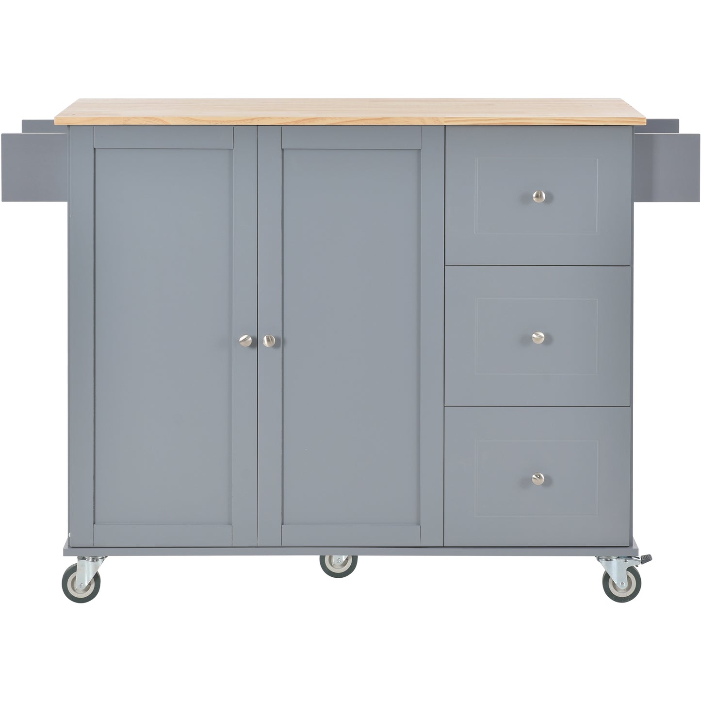 Gray kitchen island cart with butcher block top and three drawers