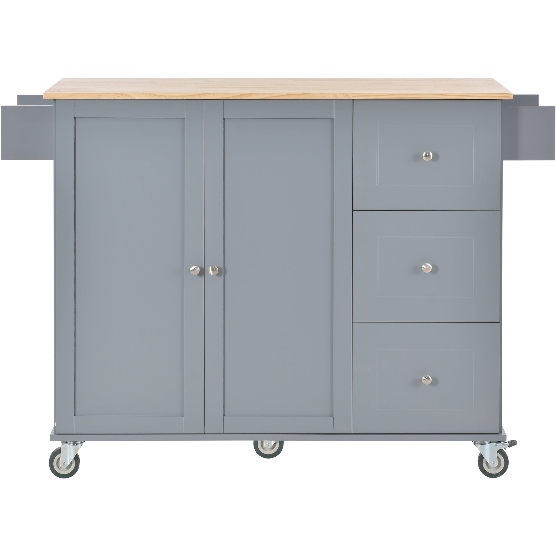 Gray kitchen island cart with butcher block top and three drawers