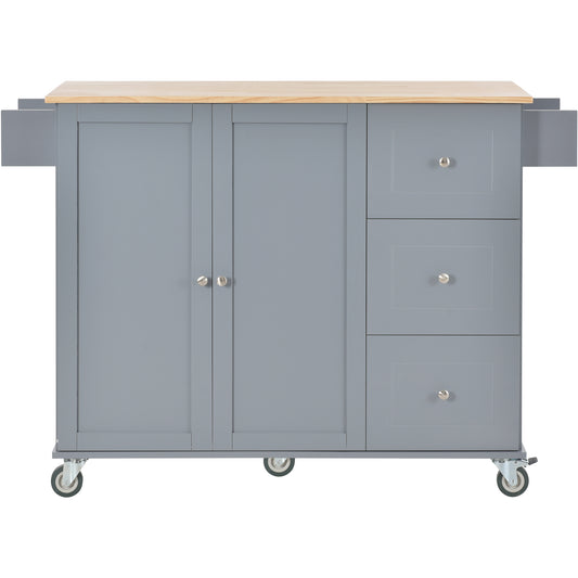 Gray kitchen island cart with butcher block top and three drawers