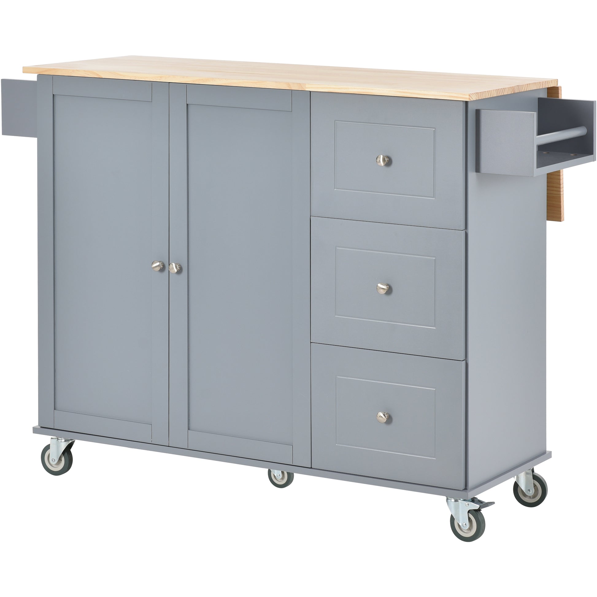 Gray kitchen island cart with wooden countertop and side drop leaf