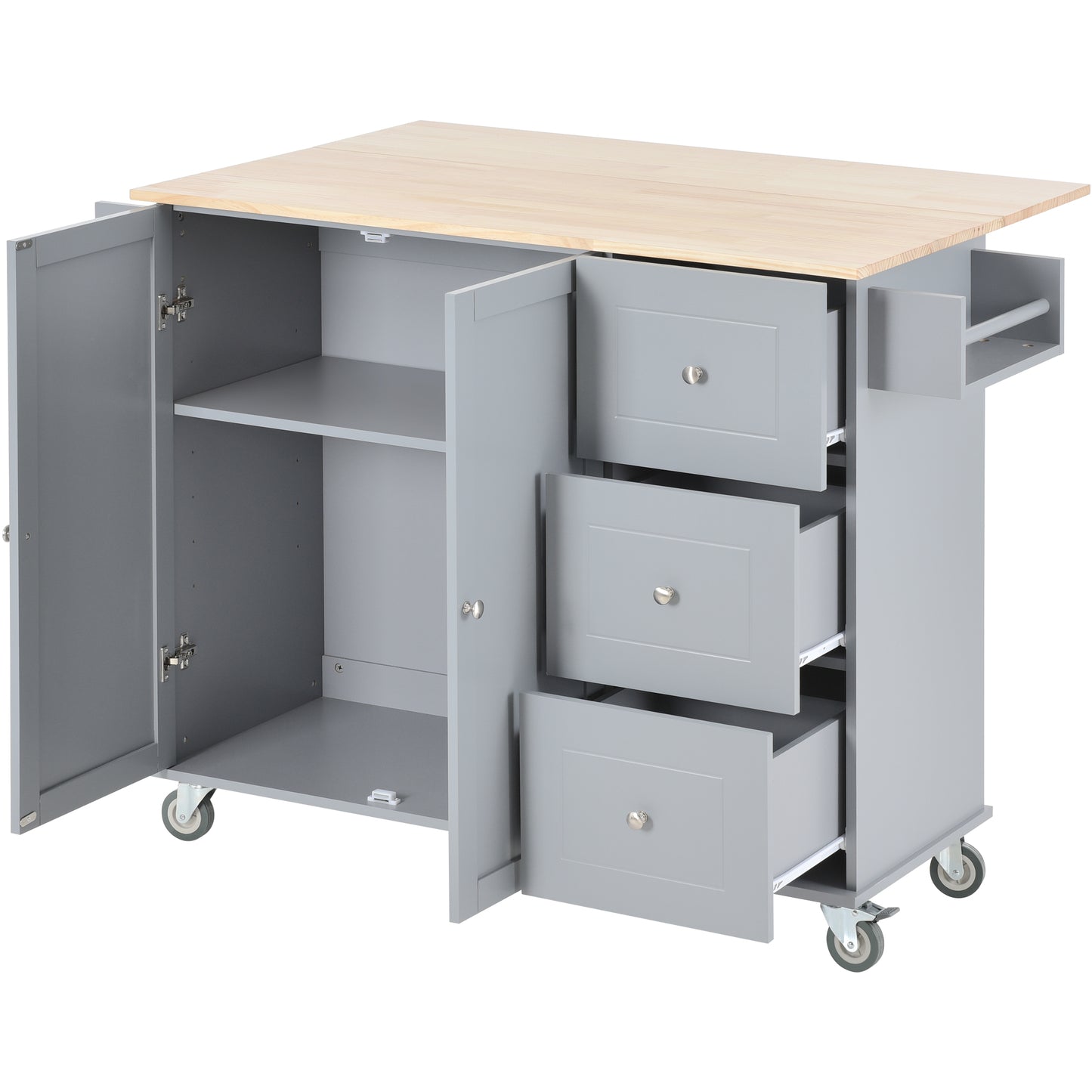 Gray kitchen island with butcher block top and three drawers