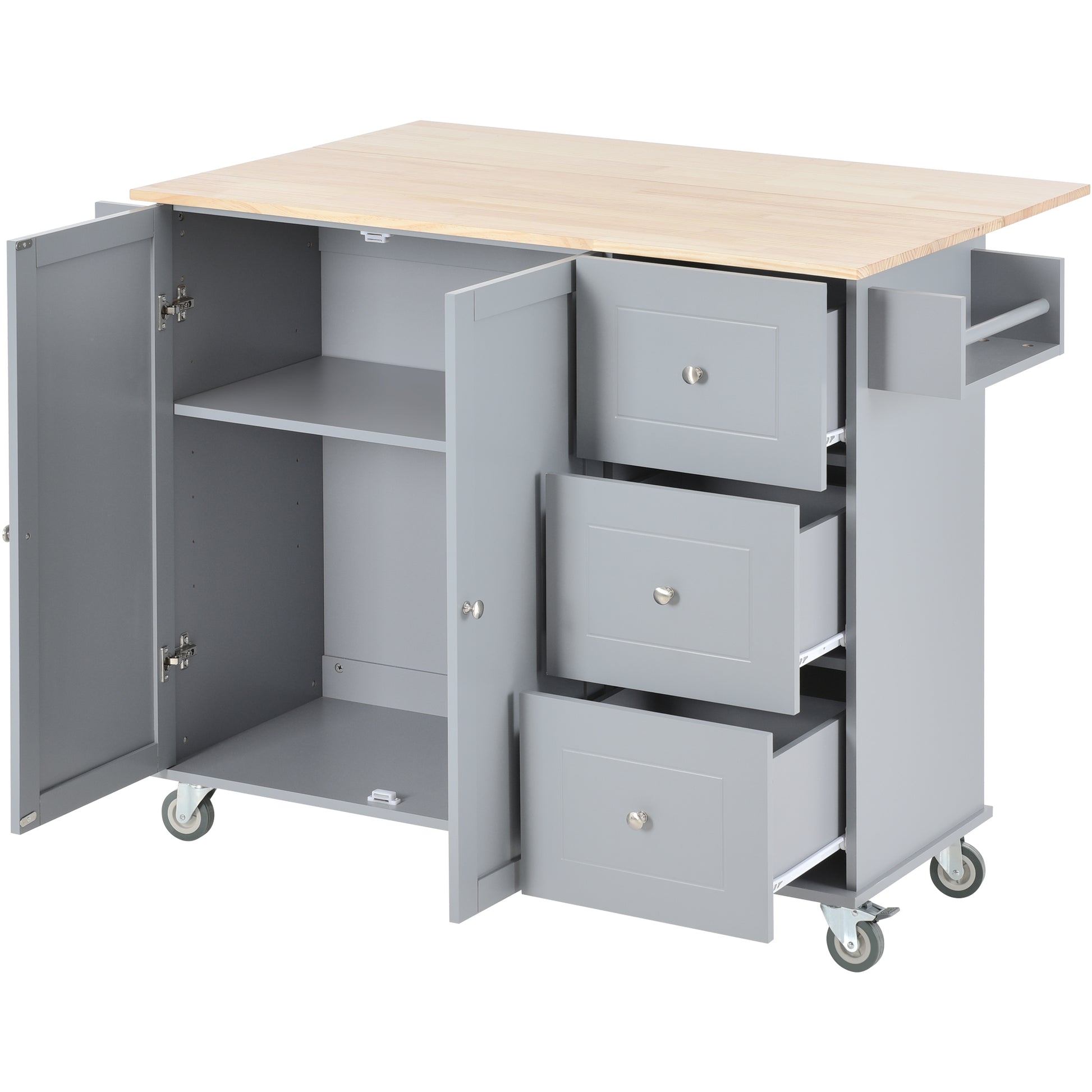 Gray kitchen island with butcher block top and three drawers